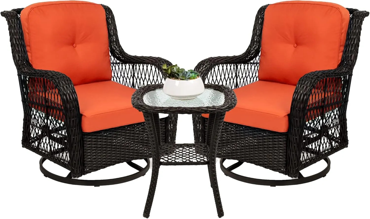 Best Choice Products 3-Piece Outdoor Wicker Patio Bistro Set w/ 2 360-Degree Swivel Rocking Chairs and Tempered Glass Top Side Table - Rust