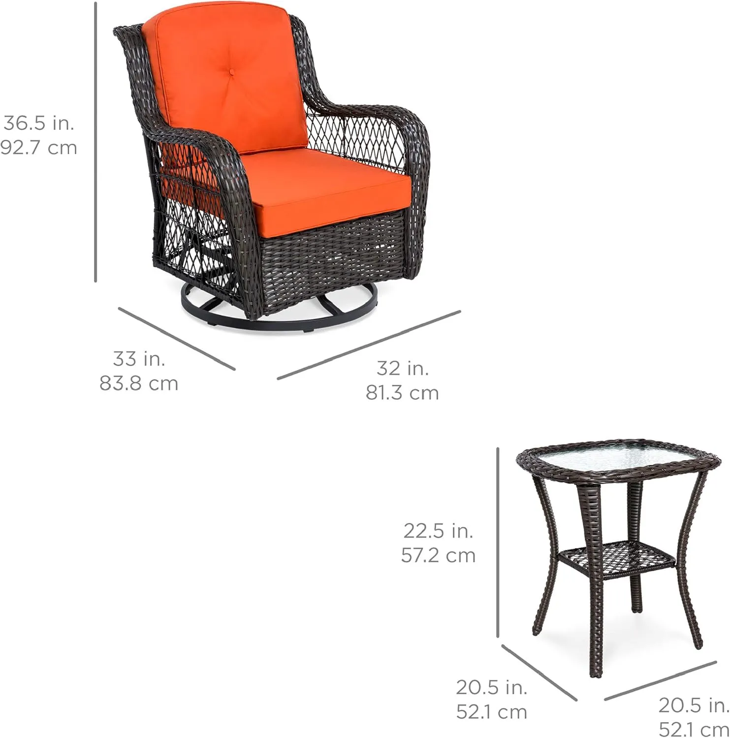 Best Choice Products 3-Piece Outdoor Wicker Patio Bistro Set w/ 2 360-Degree Swivel Rocking Chairs and Tempered Glass Top Side Table - Rust