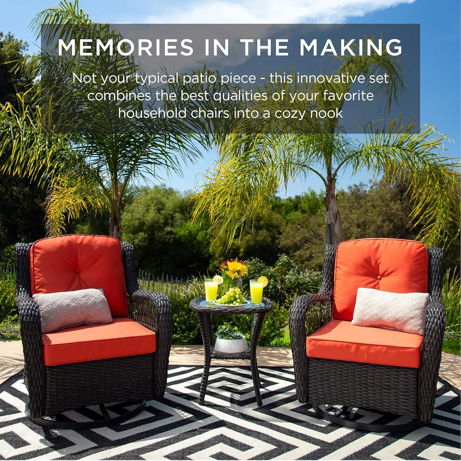 Best Choice Products 3-Piece Outdoor Wicker Patio Bistro Set w/ 2 360-Degree Swivel Rocking Chairs and Tempered Glass Top Side Table - Rust
