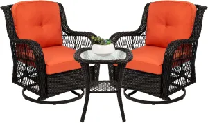 Best Choice Products 3-Piece Outdoor Wicker Patio Bistro Set w/ 2 360-Degree Swivel Rocking Chairs and Tempered Glass Top Side Table - Rust