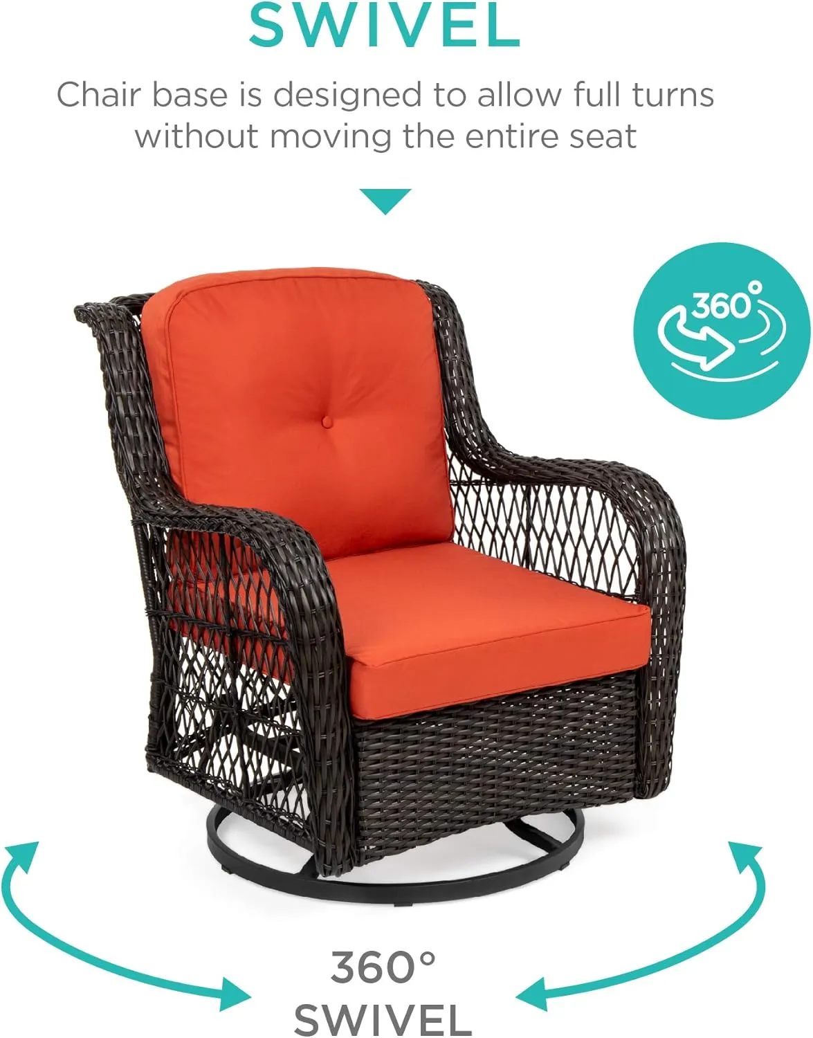 Best Choice Products 3-Piece Outdoor Wicker Patio Bistro Set w/ 2 360-Degree Swivel Rocking Chairs and Tempered Glass Top Side Table - Rust