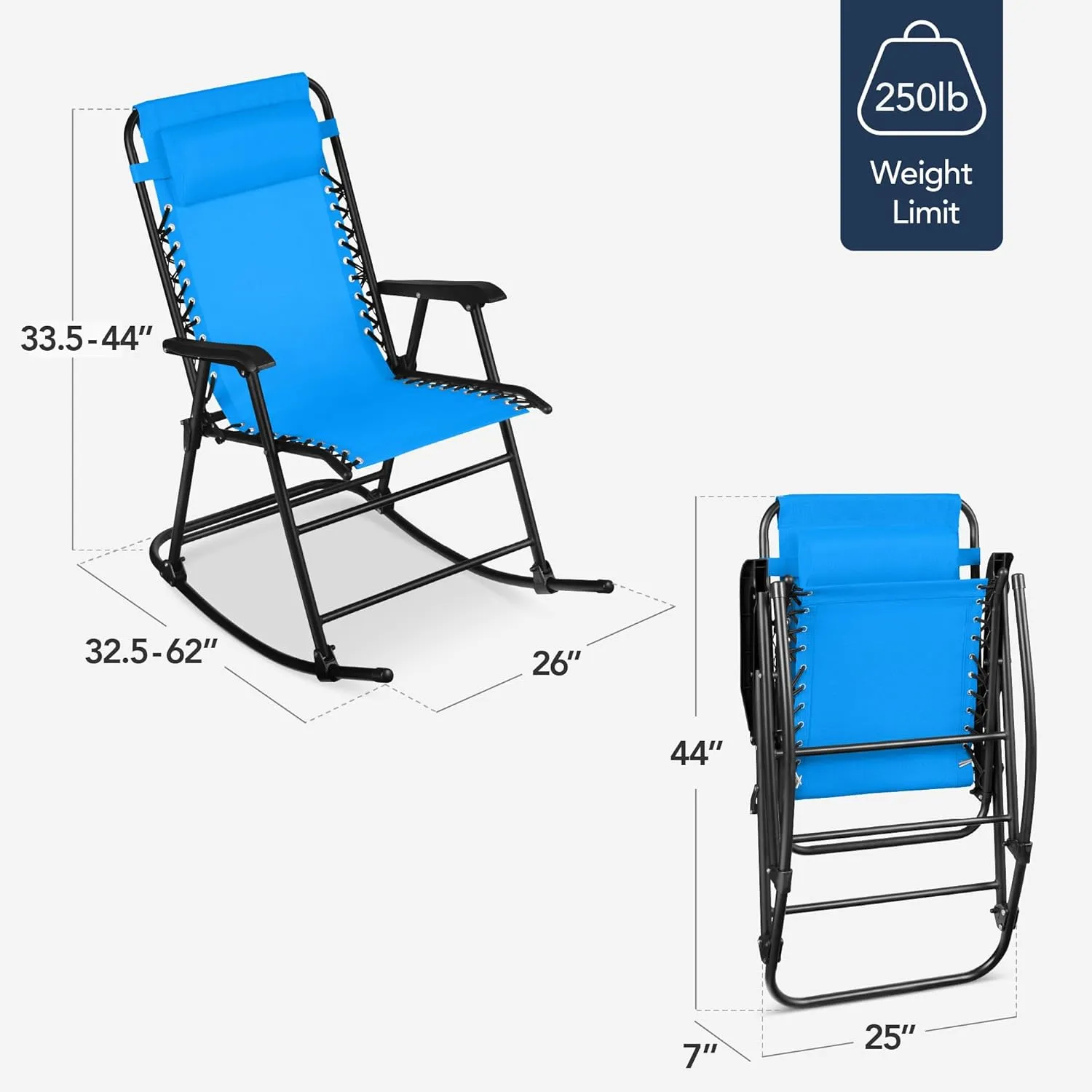 Best Choice Products Outdoor Folding Rocking Chair, Zero Gravity Lounge Chair, Patio Rocker w/Headrest Pillow - Aqua Blue