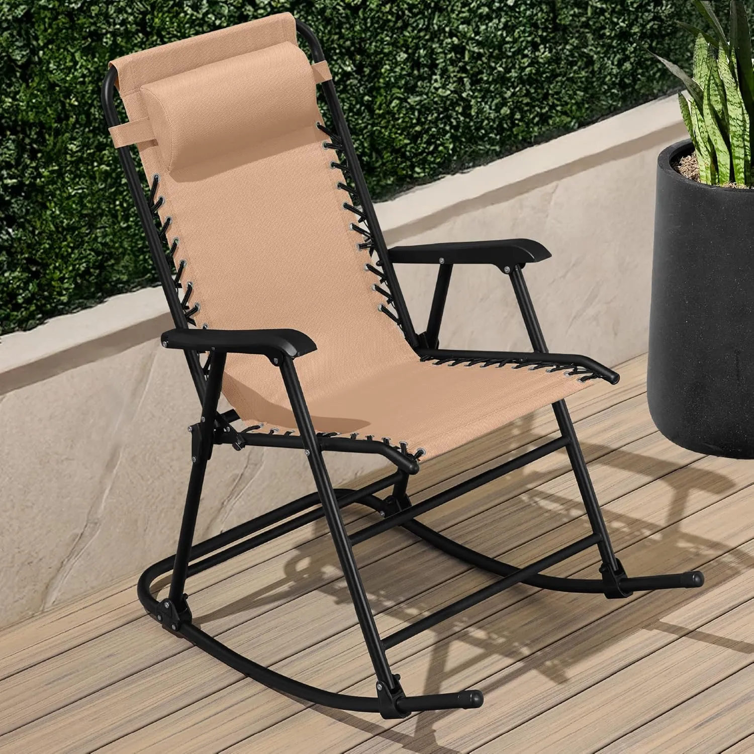 Best Choice Products Outdoor Folding Rocking Chair, Zero Gravity Lounge Chair, Patio Rocker w/Headrest Pillow - Beige