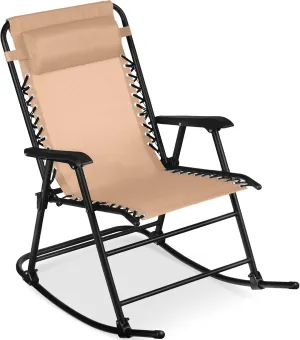 Best Choice Products Outdoor Folding Rocking Chair, Zero Gravity Lounge Chair, Patio Rocker w/Headrest Pillow - Beige