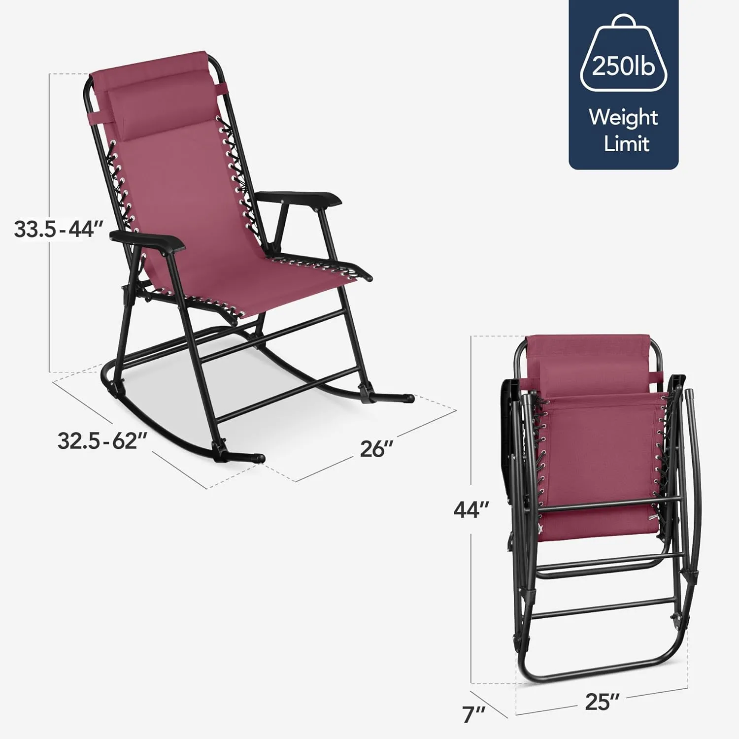 Best Choice Products Outdoor Folding Rocking Chair, Zero Gravity Lounge Chair, Patio Rocker w/Headrest Pillow - Burgundy