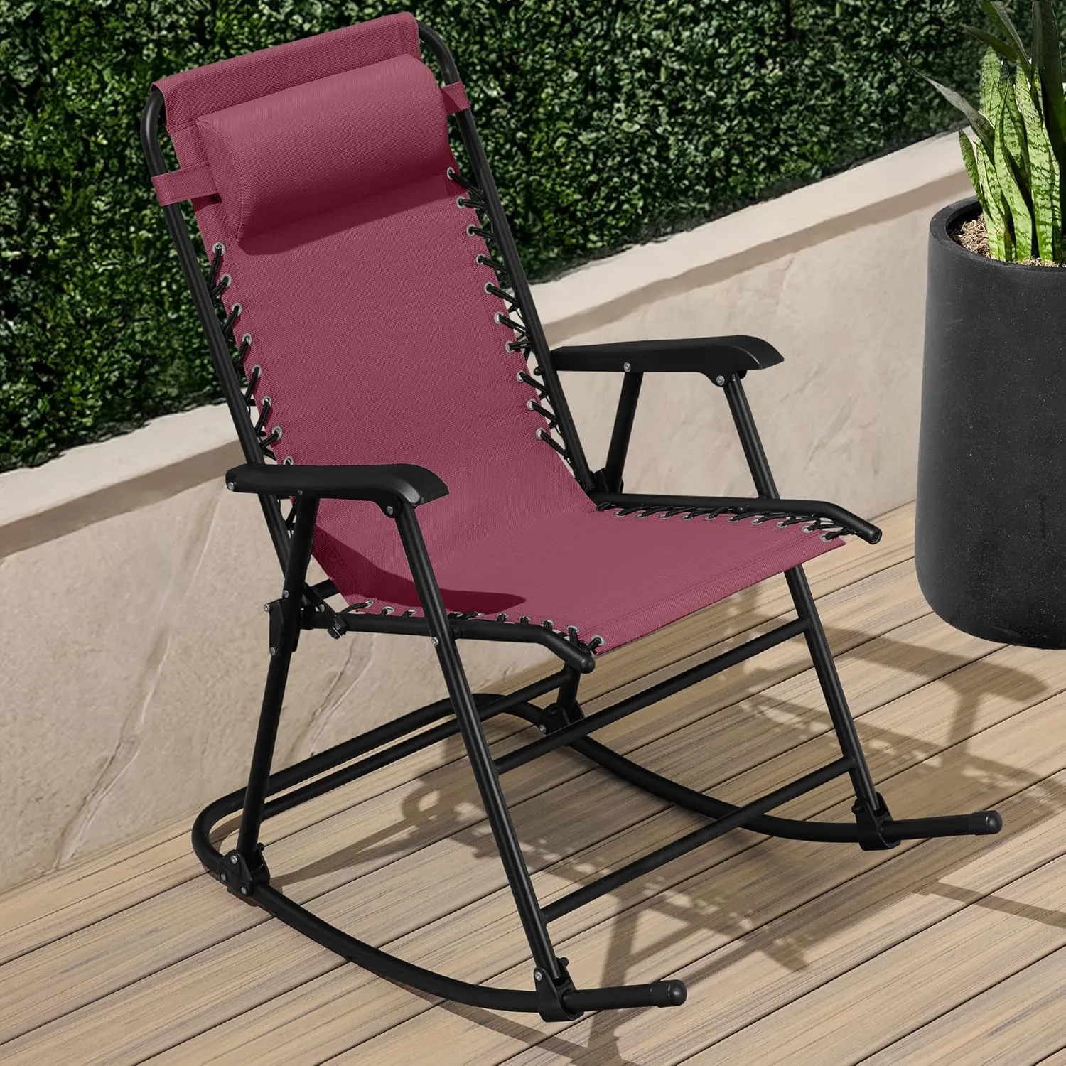 Best Choice Products Outdoor Folding Rocking Chair, Zero Gravity Lounge Chair, Patio Rocker w/Headrest Pillow - Burgundy
