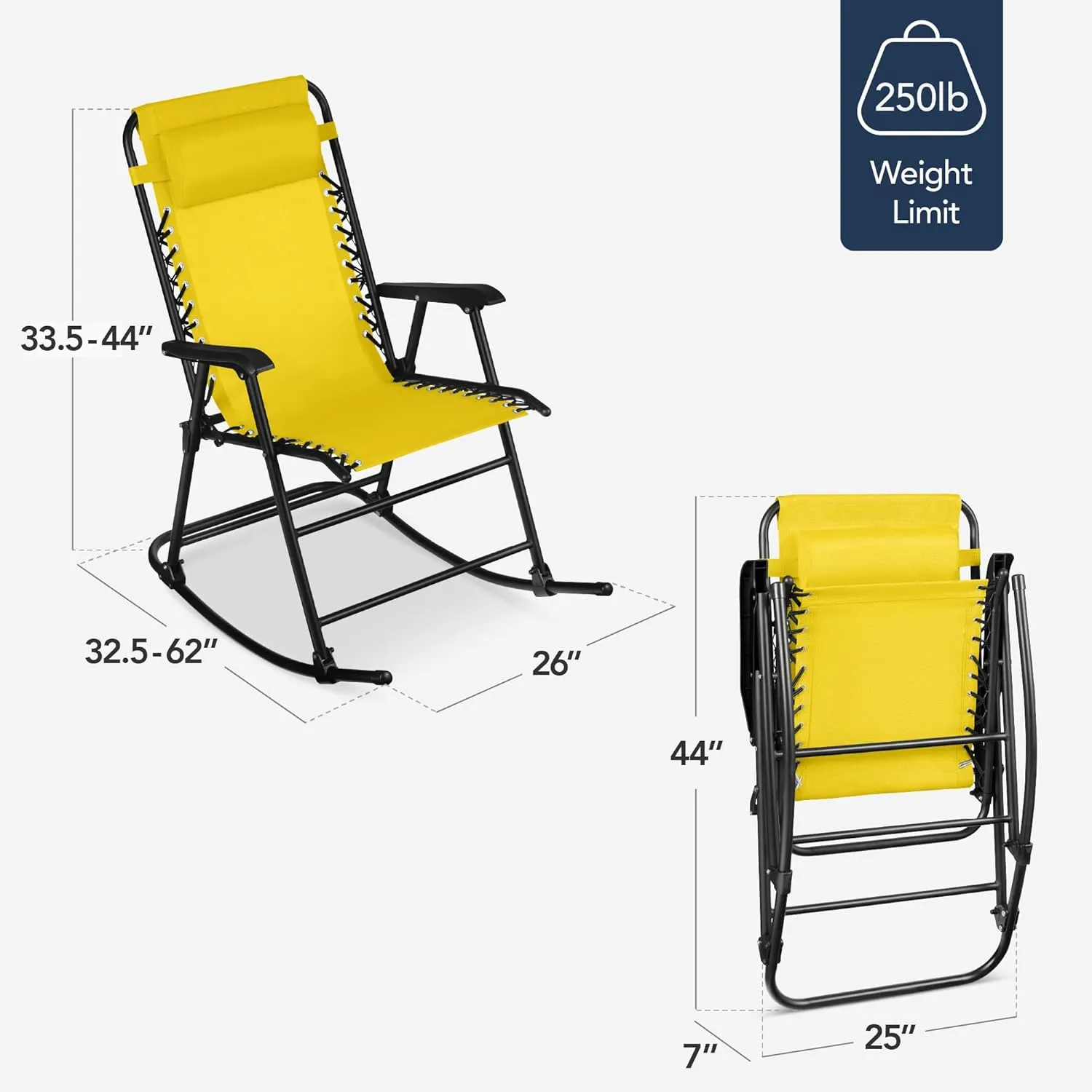 Best Choice Products Outdoor Folding Rocking Chair, Zero Gravity Lounge Chair, Patio Rocker w/Headrest Pillow - Sunflower Yellow