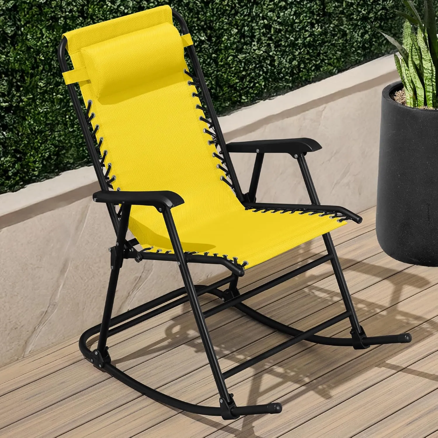 Best Choice Products Outdoor Folding Rocking Chair, Zero Gravity Lounge Chair, Patio Rocker w/Headrest Pillow - Sunflower Yellow