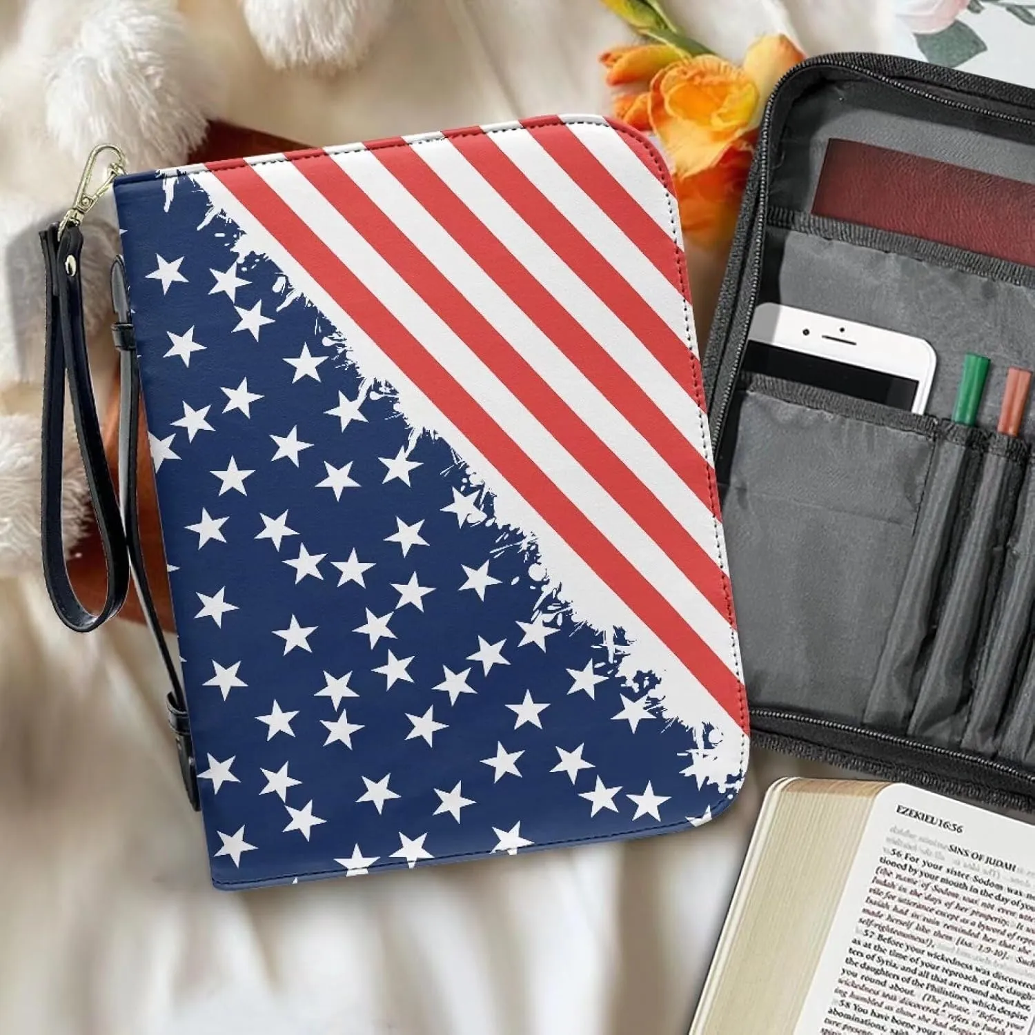 Bible Cover with Black Ribbon Study Bible Tote Bag Zip Carrying Case Handle and Pocket Bible Bag for Men & Women