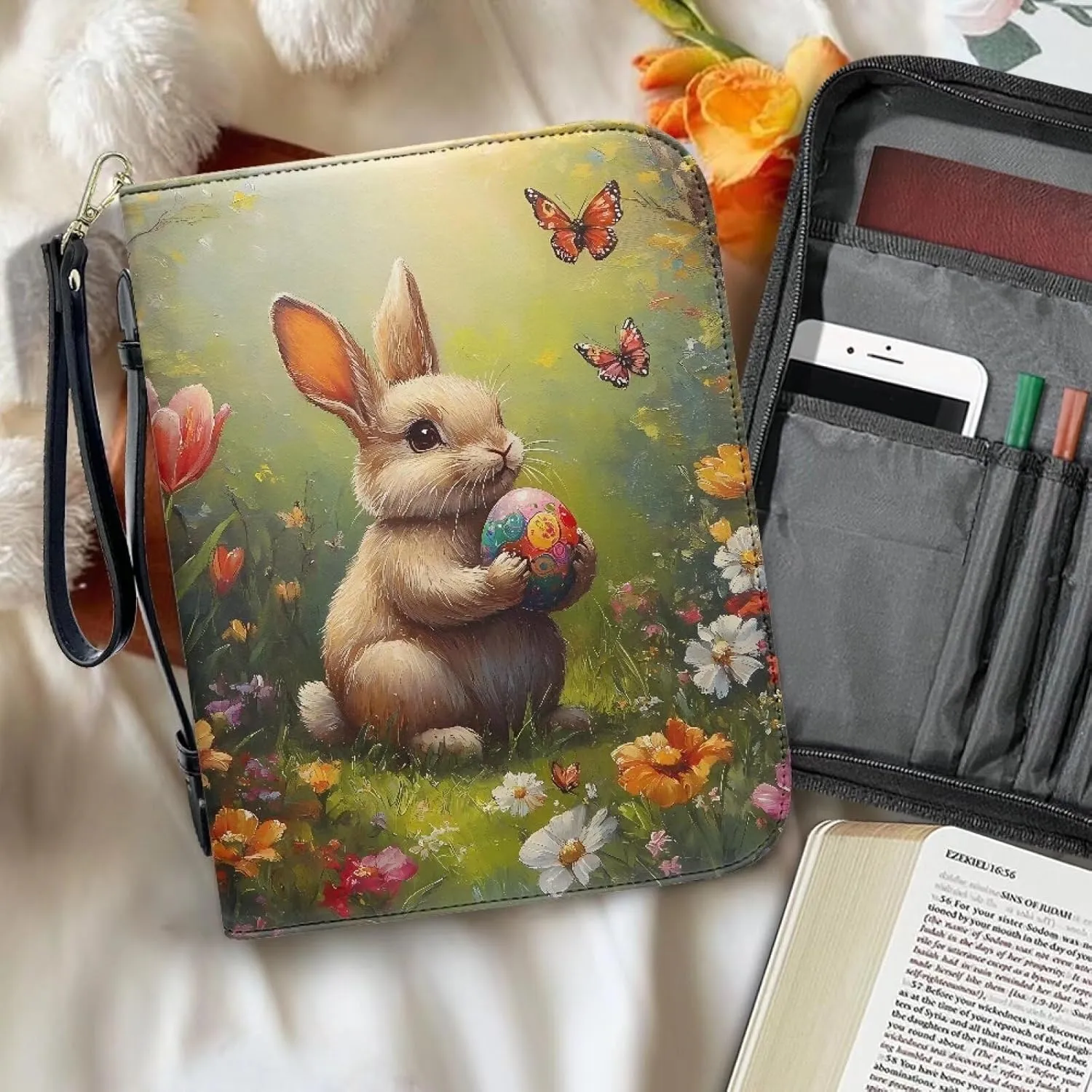 Bible Cover with Black Ribbon Study Bible Tote Bag Zip Carrying Case Handle and Pocket Bible Bag for Men & Women