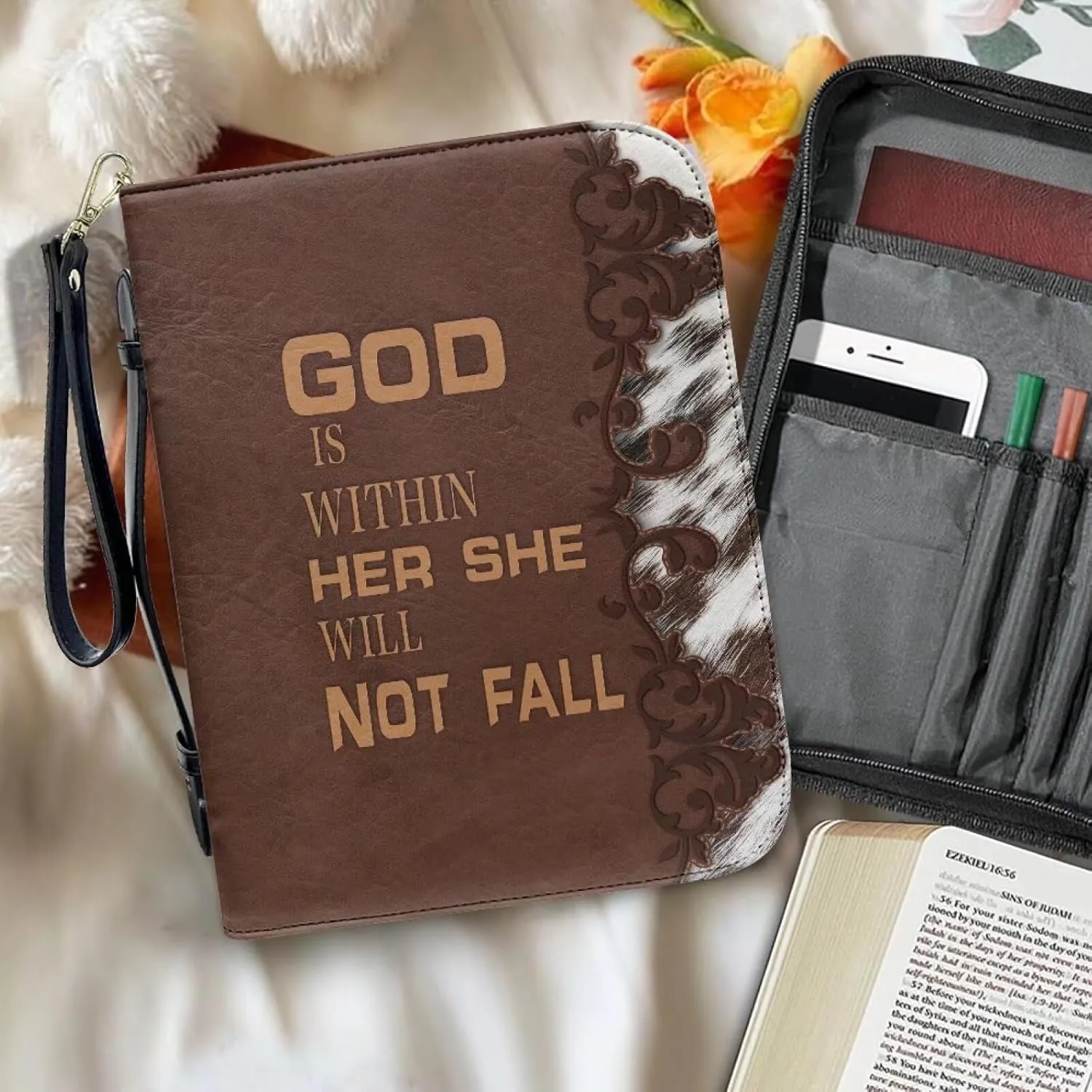Bible Cover with Black Ribbon Study Bible Tote Bag Zip Carrying Case Handle and Pocket Bible Bag for Men & Women