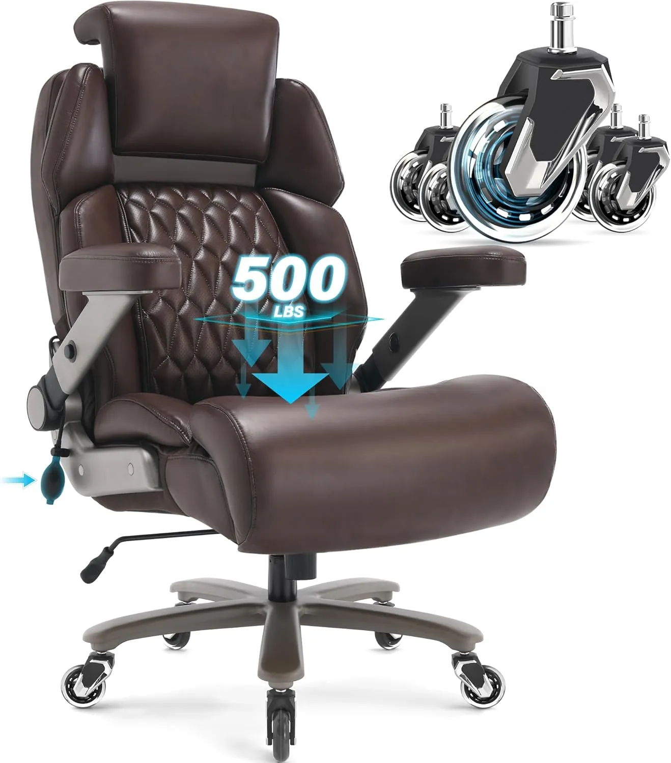 Big and Tall Office Chair 500lbs - Adjustable Headrest&Lumbar Support, 3D Flip Arms, Large Wheels &Heavy Duty Metal Base, Ergonomic High Back Computer Chair Desk Chair, Thick Padded Extra Wide Seat