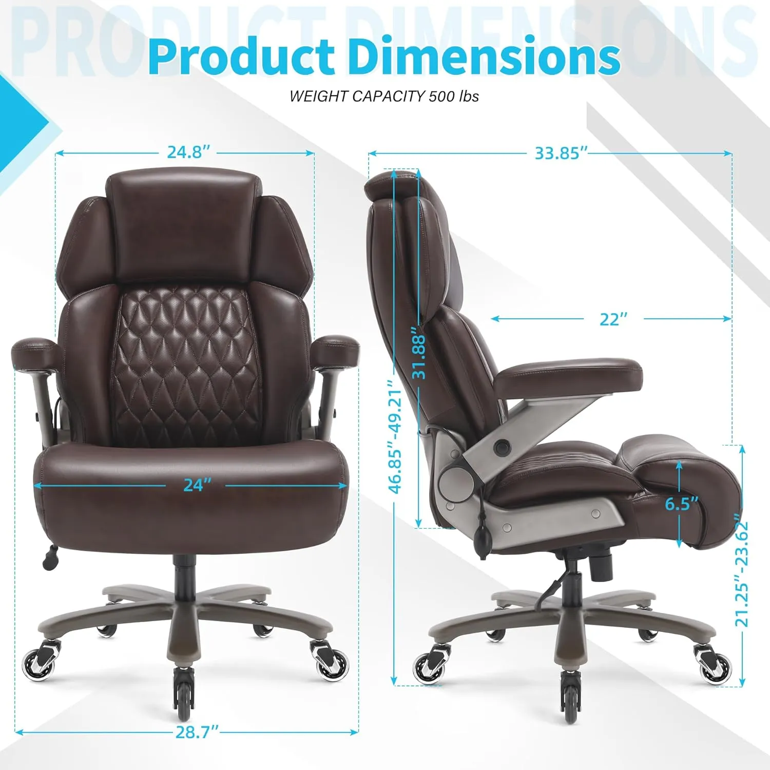 Big and Tall Office Chair 500lbs - Adjustable Headrest&Lumbar Support, 3D Flip Arms, Large Wheels &Heavy Duty Metal Base, Ergonomic High Back Computer Chair Desk Chair, Thick Padded Extra Wide Seat