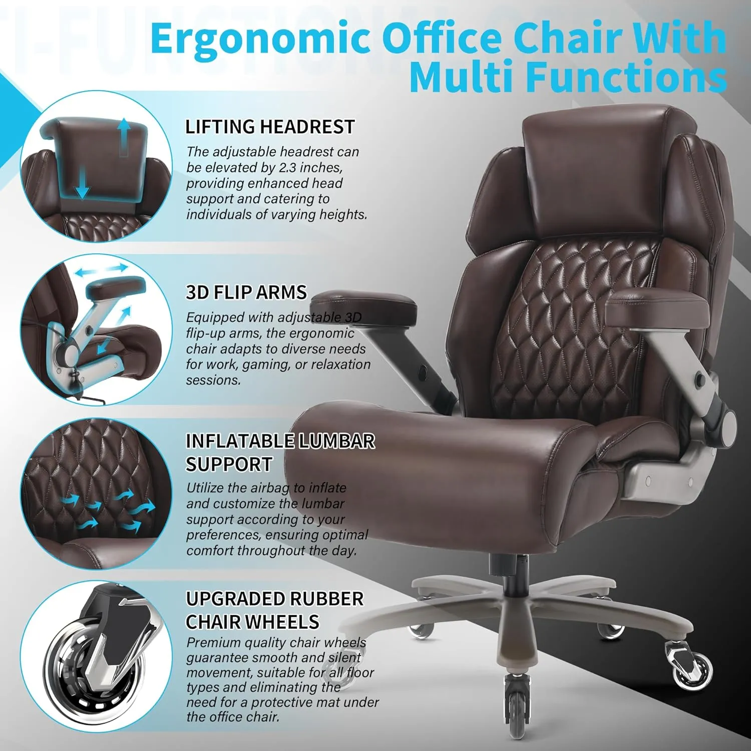 Big and Tall Office Chair 500lbs - Adjustable Headrest&Lumbar Support, 3D Flip Arms, Large Wheels &Heavy Duty Metal Base, Ergonomic High Back Computer Chair Desk Chair, Thick Padded Extra Wide Seat