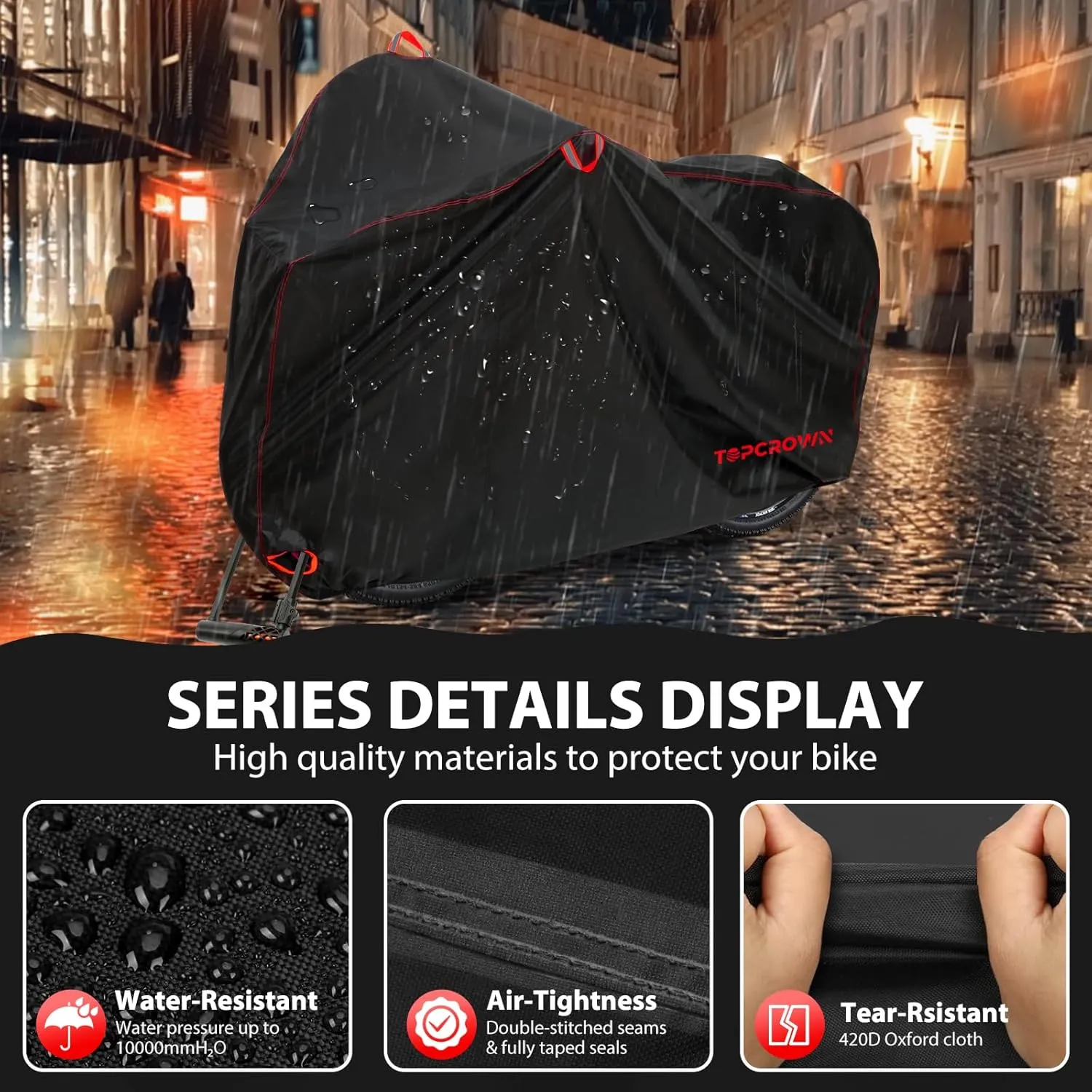 Bike Cover Waterproof Outdoor Storage for 3 Bikes, Bicycle Cover Rain Sun UV Dust Wind Proof with Storage Bag for Mountain Road Bike/Ebike (420D Black Red, XXXL Size for 3 bikes)