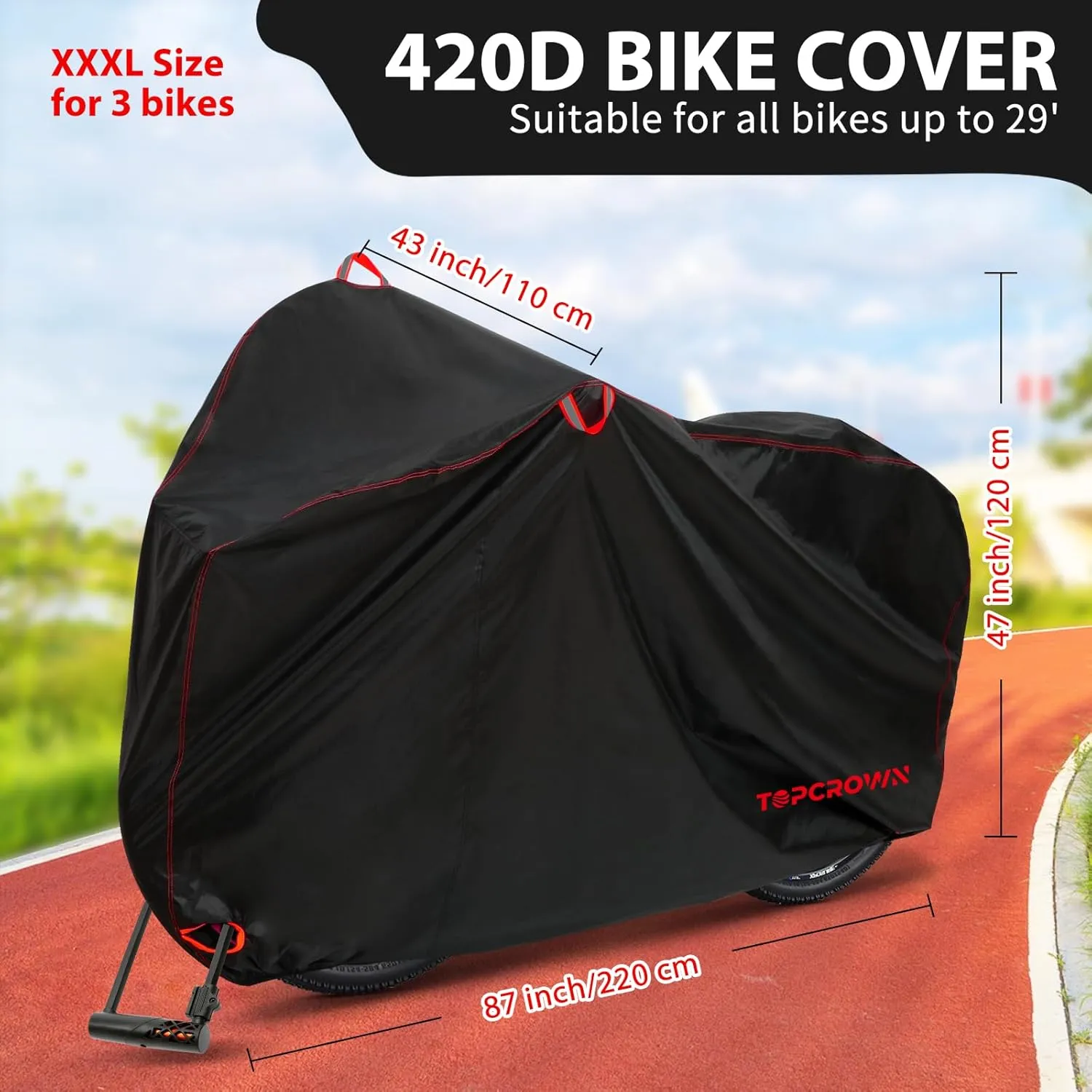 Bike Cover Waterproof Outdoor Storage for 3 Bikes, Bicycle Cover Rain Sun UV Dust Wind Proof with Storage Bag for Mountain Road Bike/Ebike (420D Black Red, XXXL Size for 3 bikes)