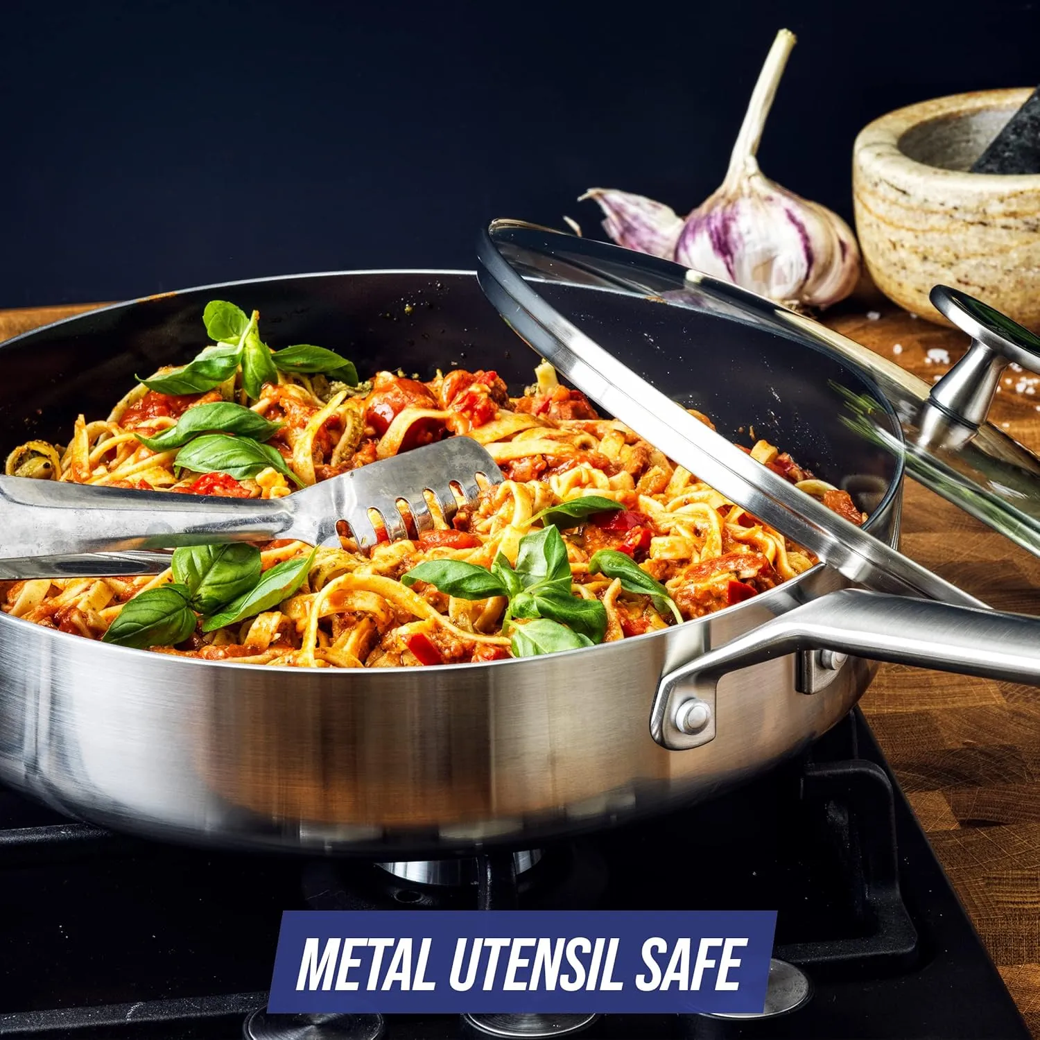 Blue Diamond Cookware Tri-Ply Stainless Steel Ceramic Nonstick, 3.75QT Saute Pan Jumbo Cooker with Lid, PFAS-Free, Multi Clad, Induction, Dishwasher Safe, Oven Safe, Silver