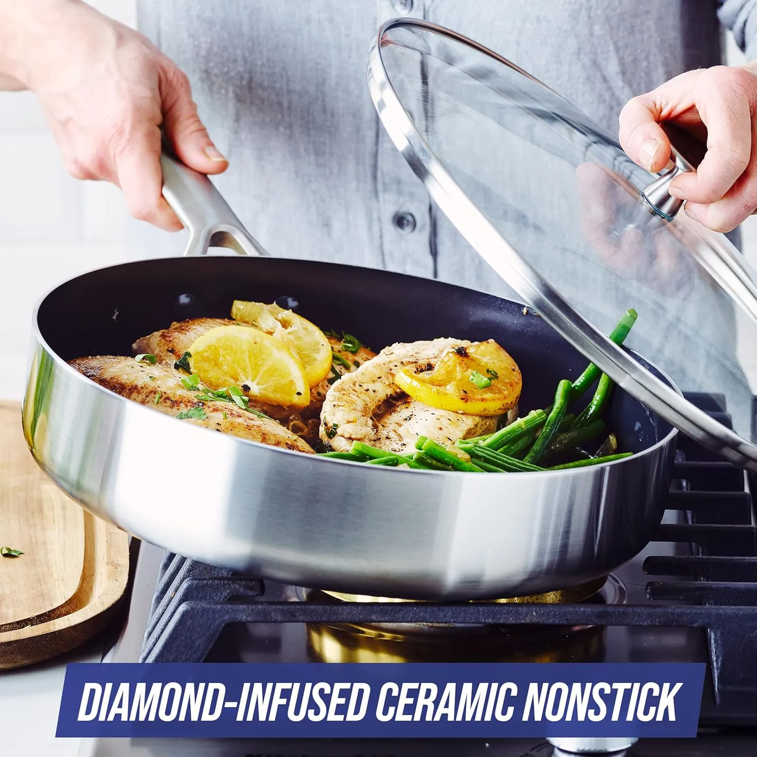Blue Diamond Cookware Tri-Ply Stainless Steel Ceramic Nonstick, 3.75QT Saute Pan Jumbo Cooker with Lid, PFAS-Free, Multi Clad, Induction, Dishwasher Safe, Oven Safe, Silver