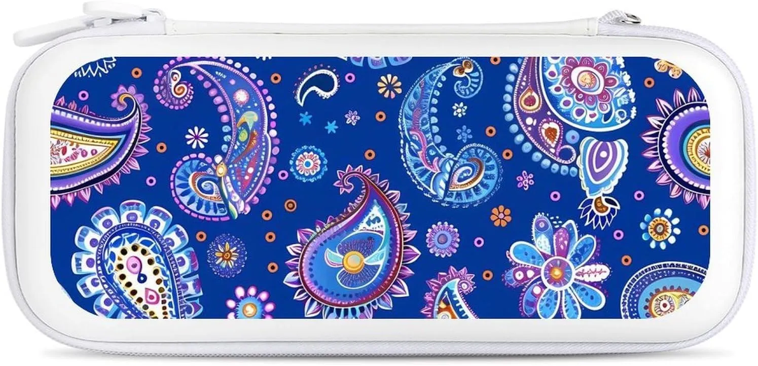 Blue Paisley Pattern Hard Shell Travel Case with Rope 15 Game Card Pockets Compatible with Switch Protective