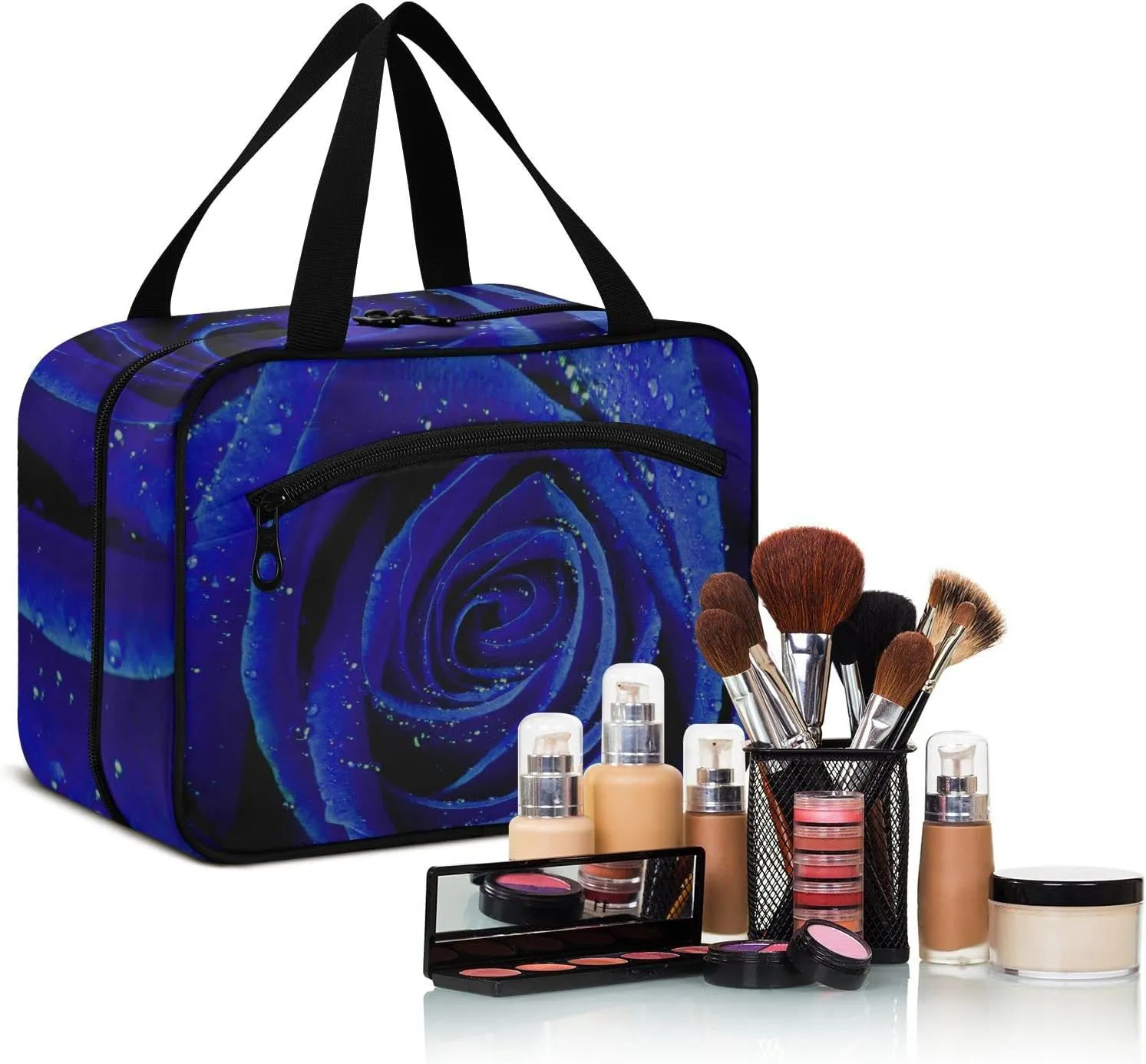 Blue Rose with Water Drops Texture Women's Portable Makeup Bag with Handle Cosmetic Bag, Twill Cloth Travel Cosmetic Bag, Polyester Toiletry Bag for Women L Size