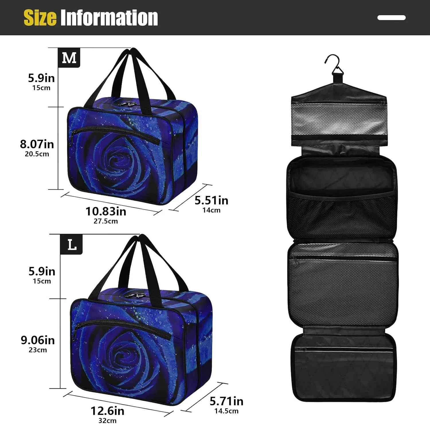 Blue Rose with Water Drops Texture Women's Portable Makeup Bag with Handle Cosmetic Bag, Twill Cloth Travel Cosmetic Bag, Polyester Toiletry Bag for Women L Size