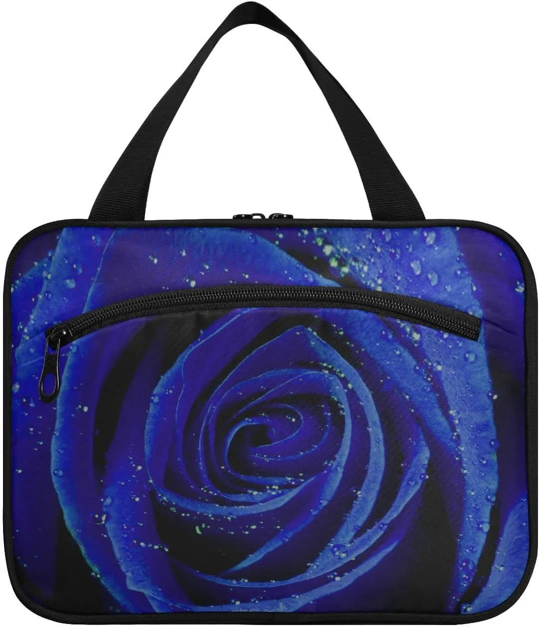 Blue Rose with Water Drops Texture Women's Portable Makeup Bag with Handle Cosmetic Bag, Twill Cloth Travel Cosmetic Bag, Polyester Toiletry Bag for Women L Size