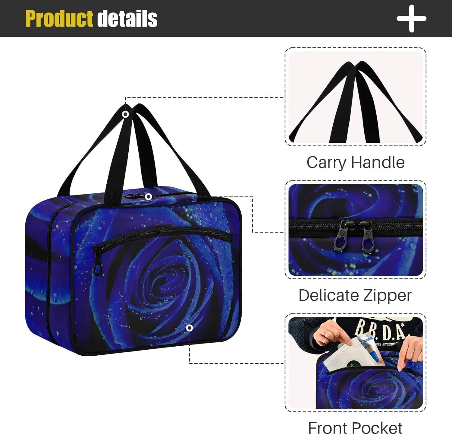 Blue Rose with Water Drops Texture Women's Portable Makeup Bag with Handle Cosmetic Bag, Twill Cloth Travel Cosmetic Bag, Polyester Toiletry Bag for Women L Size