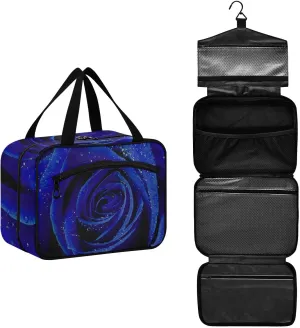 Blue Rose with Water Drops Texture Women's Portable Makeup Bag with Handle Cosmetic Bag, Twill Cloth Travel Cosmetic Bag, Polyester Toiletry Bag for Women L Size