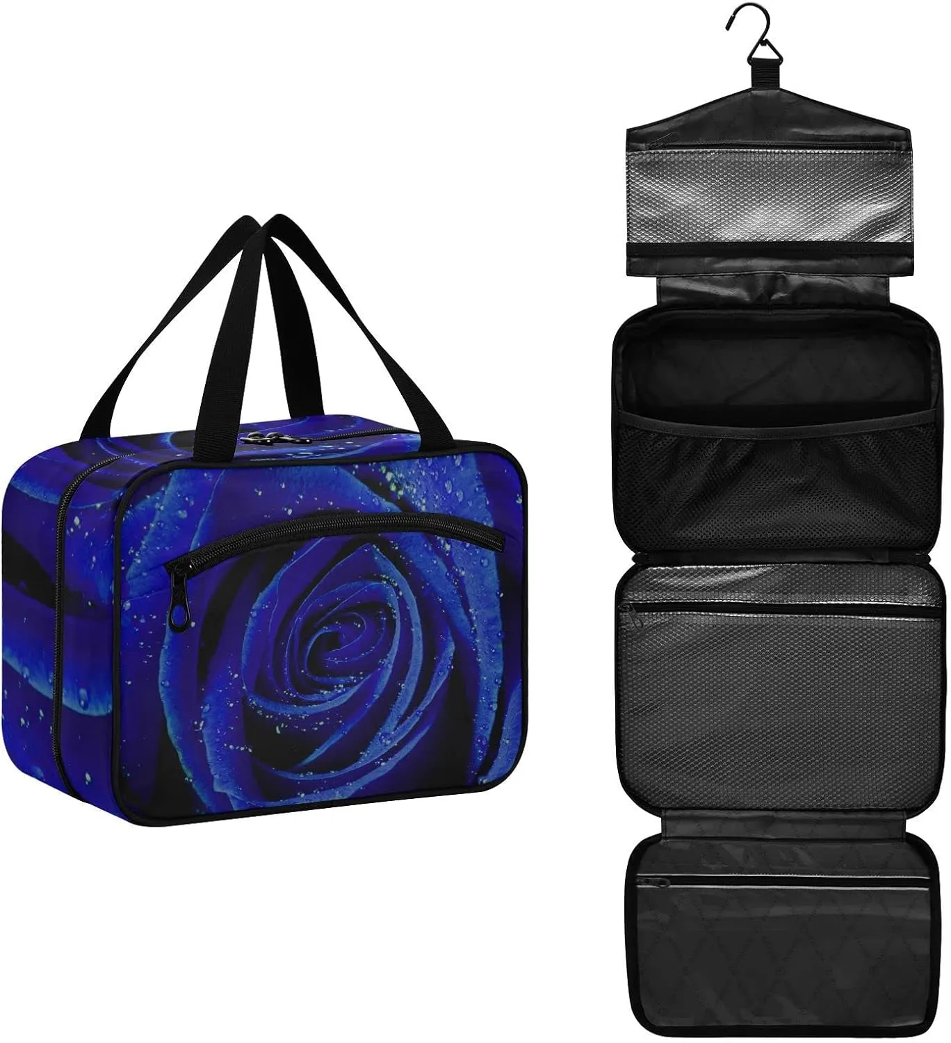 Blue Rose with Water Drops Texture Women's Portable Makeup Bag with Handle Cosmetic Bag, Twill Cloth Travel Cosmetic Bag, Polyester Toiletry Bag for Women L Size