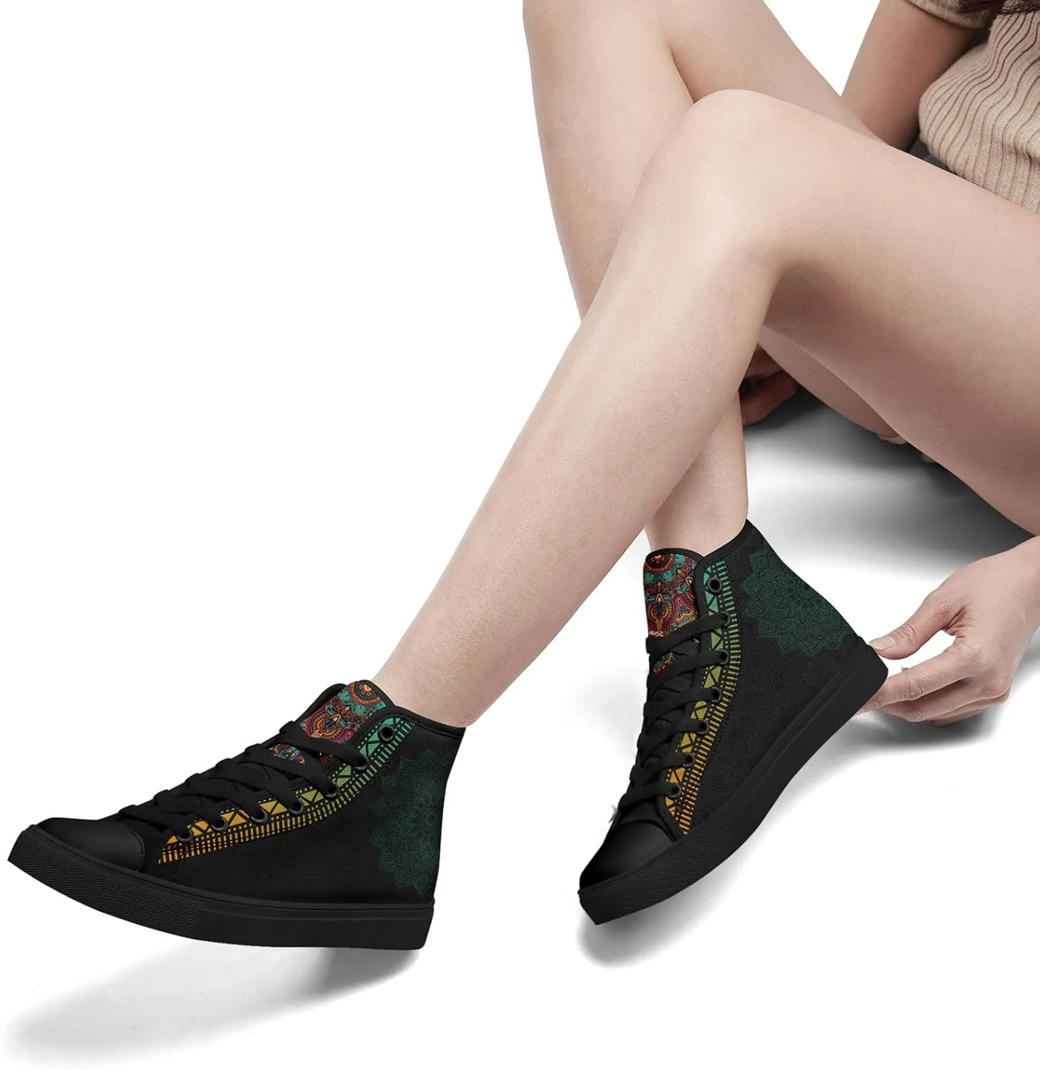 Boho High Top Canvas Shoes for Women Men Lightweight Comfortable Artistic Yoga Style Gift Lace-Up Casual Wear Sneakers