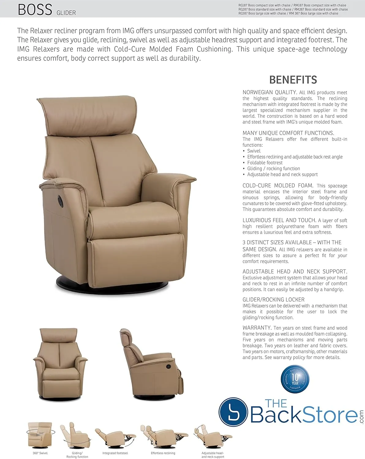 Boss Large RM 387 Leather Relaxer Recliner Swivel Glider Chair - Power Recline Trend Cinder Grey Leather w/USB -