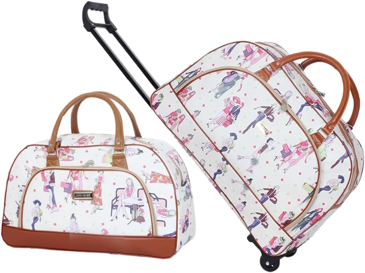 Boston Carrying Parent-child Set Dual-purpose Fashion Print Pattern Caster Bag 40L Portable Bag Large Capacity PU Leather Waterproof Processing Trolley Bag Women's Accommodation School Business Trave
