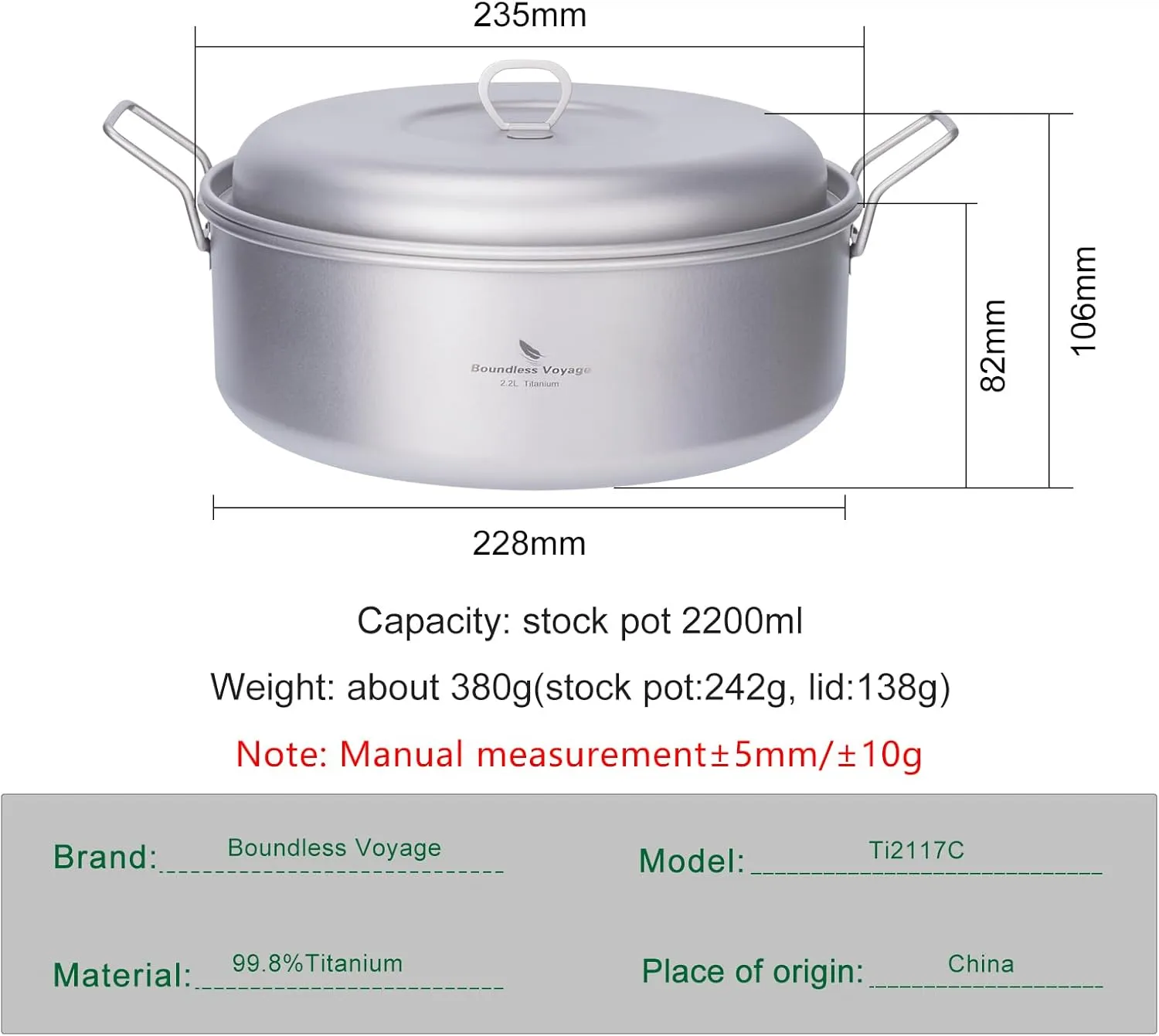 Boundless Voyage 2.2L Titanium Stock Pot Camping Cookware mess Outdoor with Folding Handle Soup Pot for Hiking Picnic Ultralight A-Ti2117C