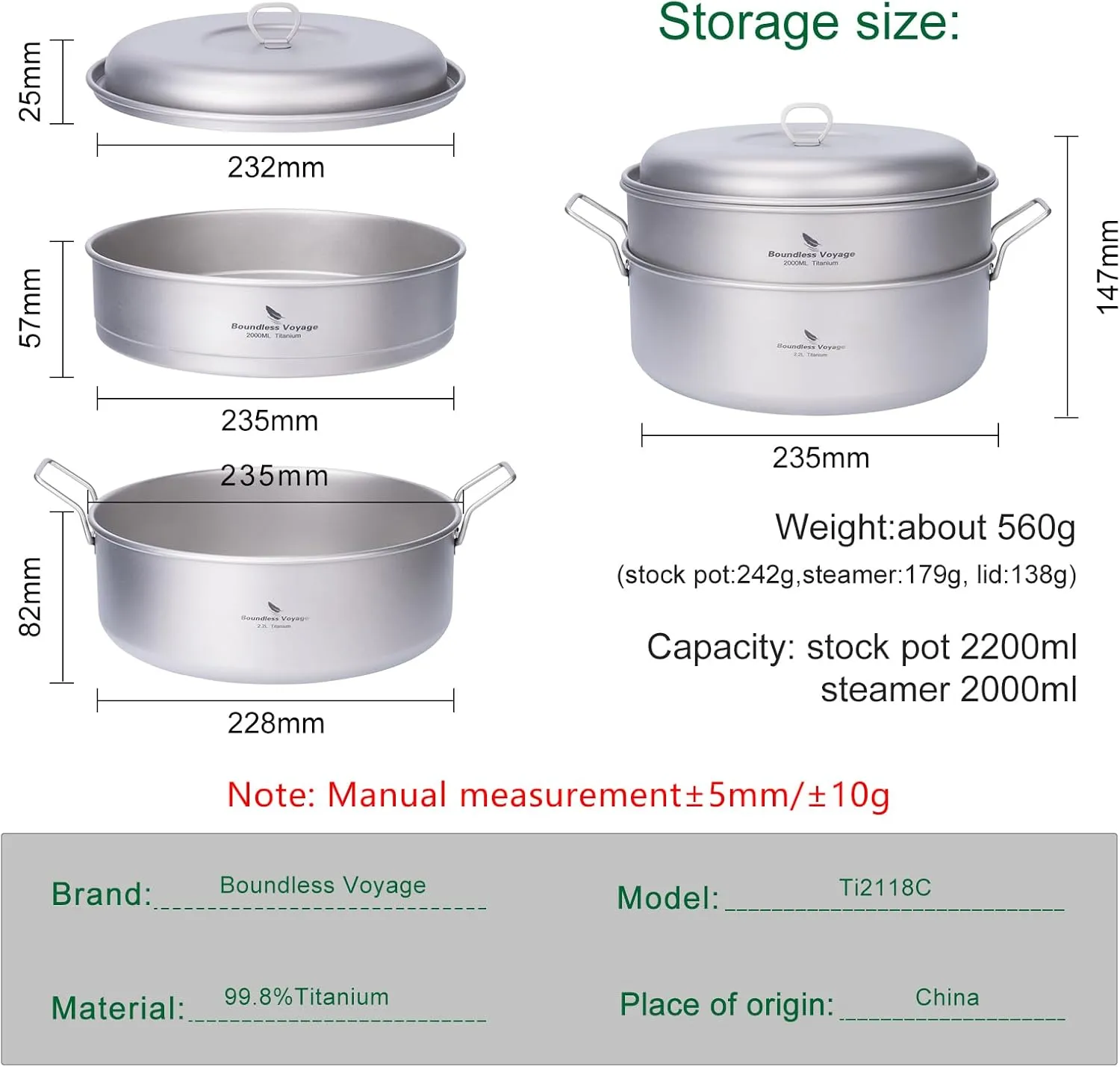 Boundless Voyage 2.2L Titanium Stock Pot with 2L Steamer Camping Cookware mess Outdoor with Folding Handle Soup Pot for Hiking Picnic Ultralight A-Ti2118C