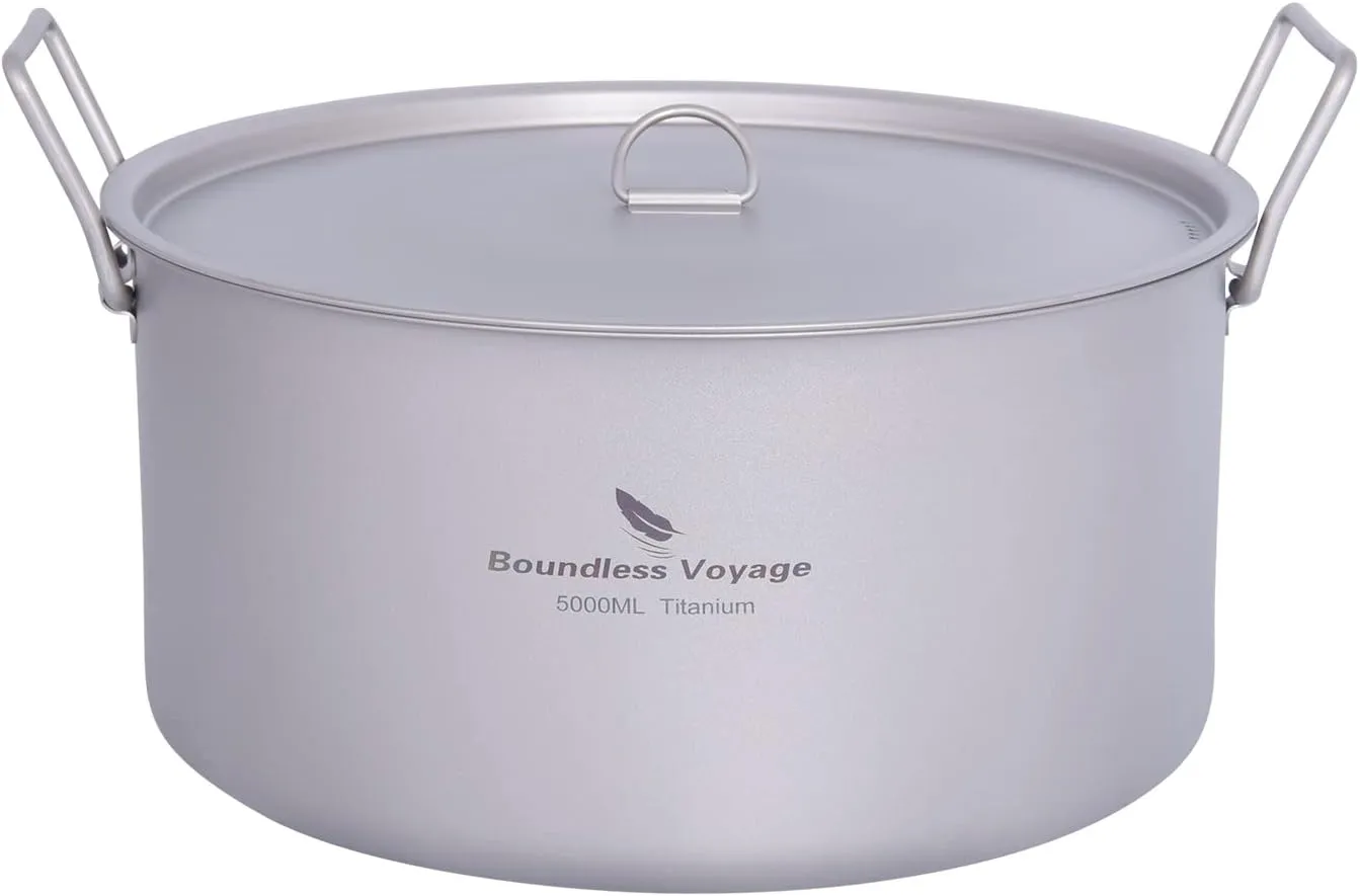 Boundless Voyage 5L Titanium Cooking Pot with Lid & Folding Handle Large Soup Pot for Outdoor Camping Hiking Picnic Home Kitchen Ultralight Cookware Ti2104C