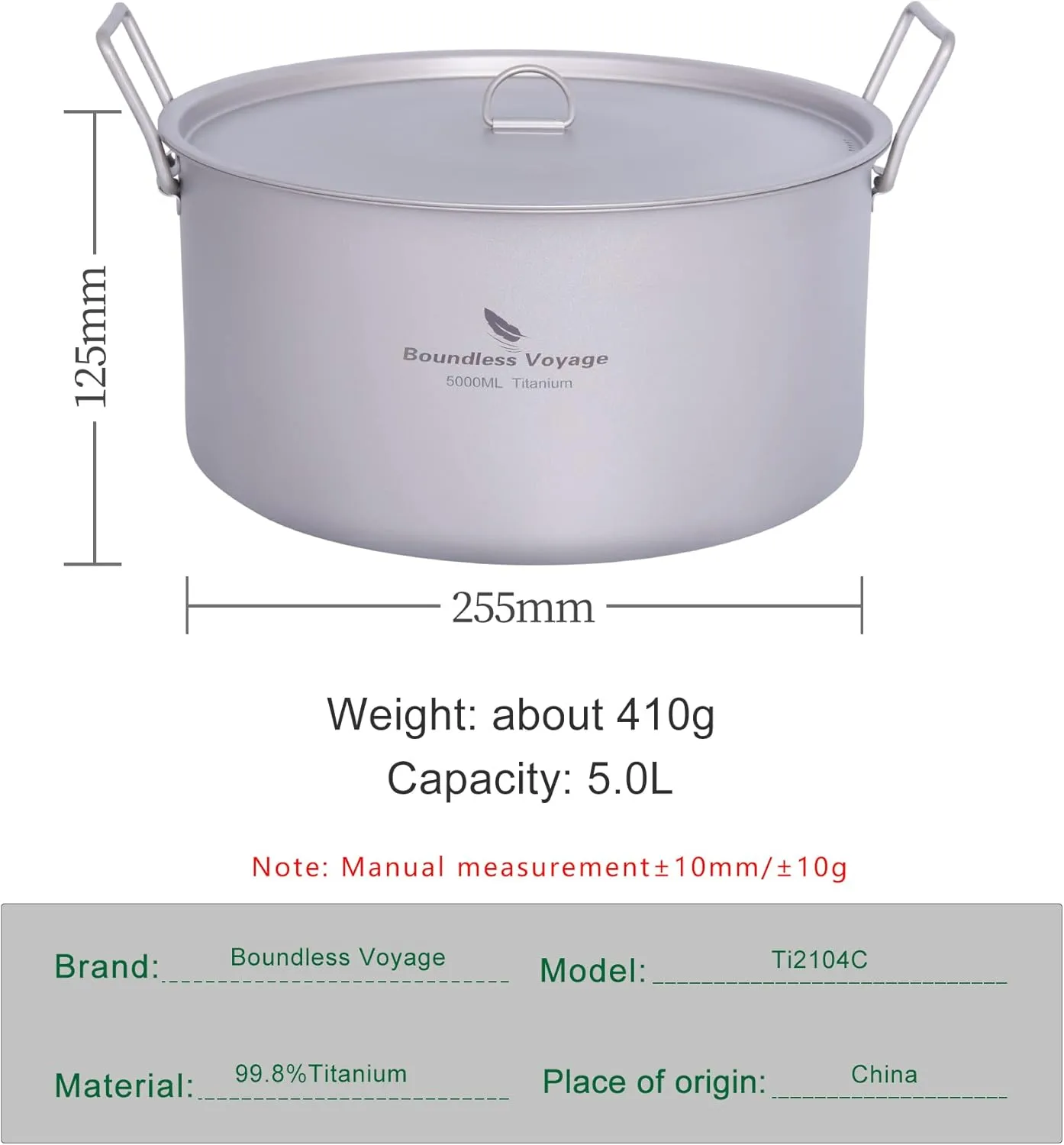 Boundless Voyage 5L Titanium Cooking Pot with Lid & Folding Handle Large Soup Pot for Outdoor Camping Hiking Picnic Home Kitchen Ultralight Cookware Ti2104C