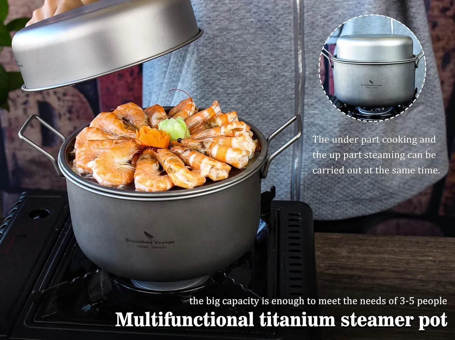 Boundless Voyage Multifunctional Titanium Steamer Pot with Frying Pan and Vented Lid Outdoor Camping Backpacking Kitchen