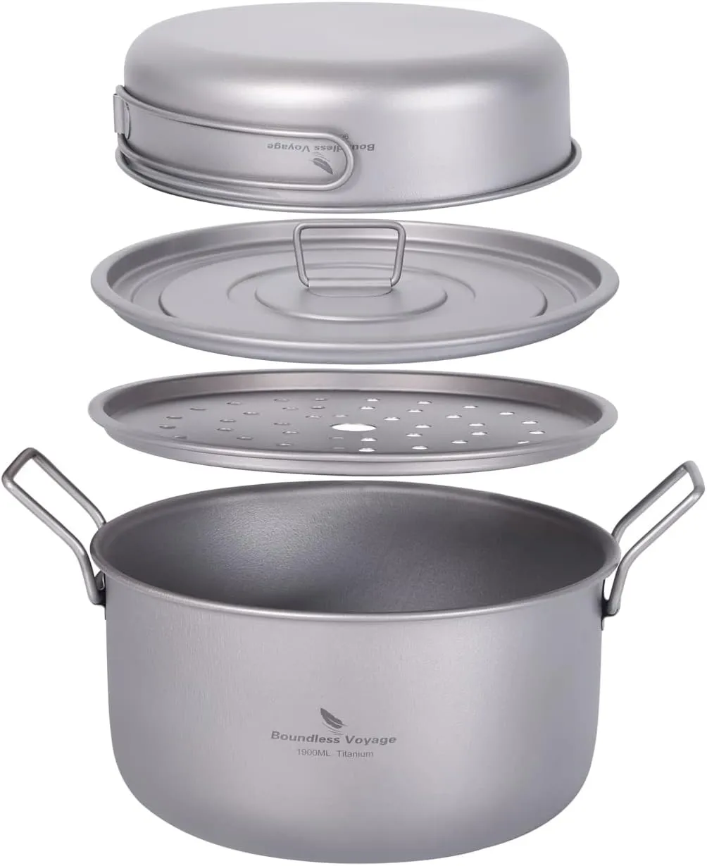 Boundless Voyage Multifunctional Titanium Steamer Pot with Frying Pan and Vented Lid Outdoor Camping Backpacking Kitchen