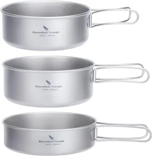 Boundless Voyage Titanium Pots Pans Set Camping Cookware 500ml 600ml 700ml Bowls Outdoor Portable Lightweight Stackable Cooking Kit with Folding Handle 3 Pieces Set Tableware for 1-3 Person Ti2032C