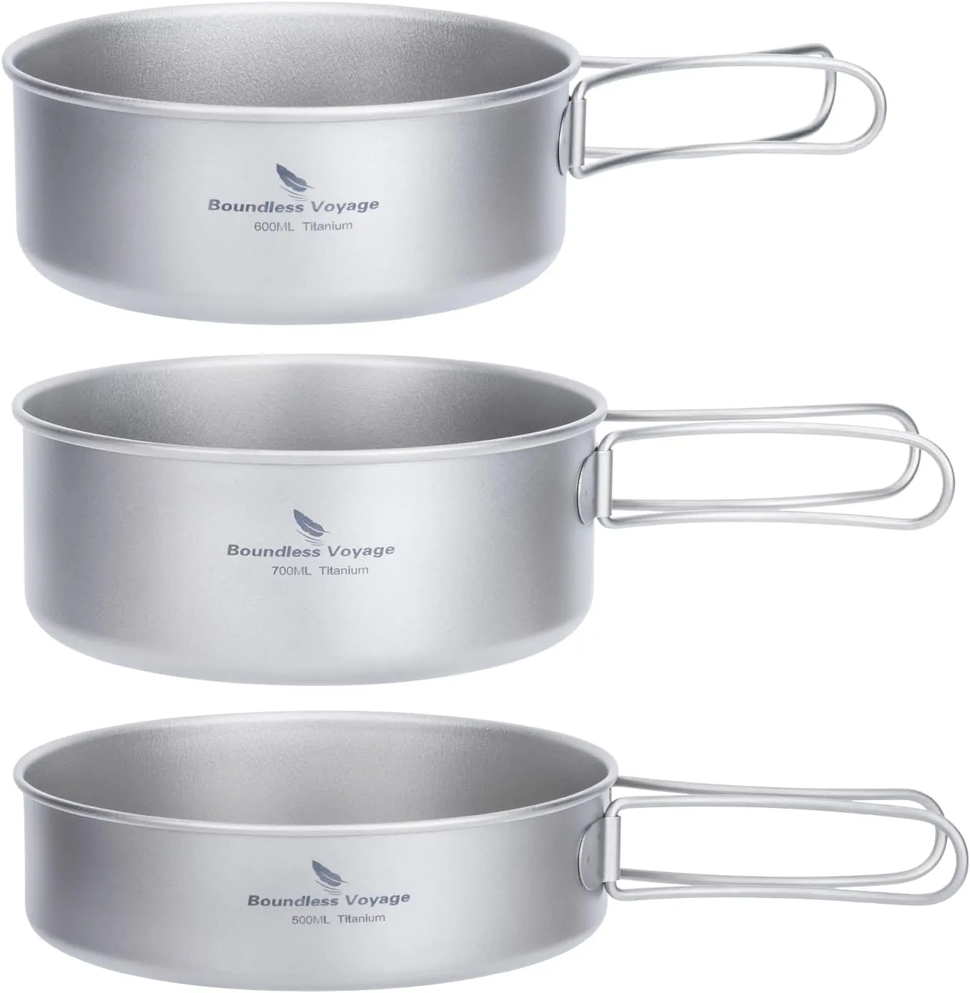 Boundless Voyage Titanium Pots Pans Set Camping Cookware 500ml 600ml 700ml Bowls Outdoor Portable Lightweight Stackable Cooking Kit with Folding Handle 3 Pieces Set Tableware for 1-3 Person Ti2032C