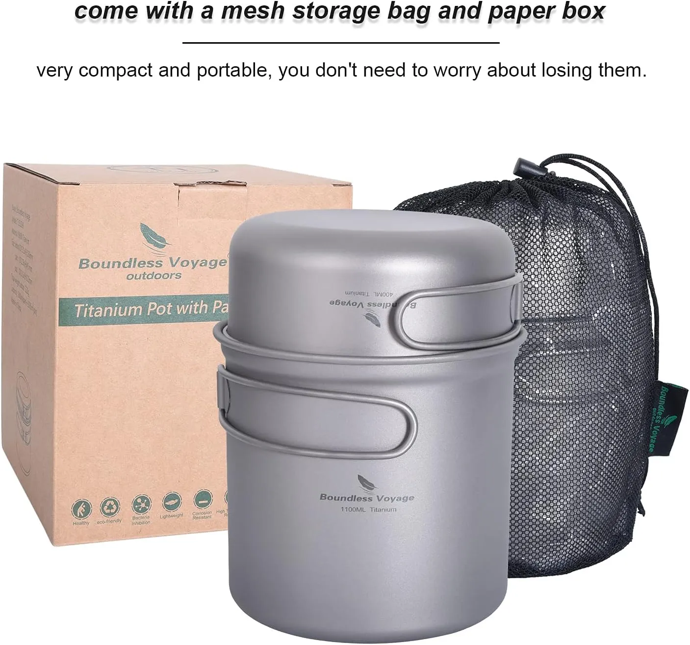 Boundless Voyage Ultralight Titanium Pan Pot Set with Folding Handle Outdoor Camping Cookware Portable Travel Backpacking Hiking Picnic Cooking Kit for 1 Person