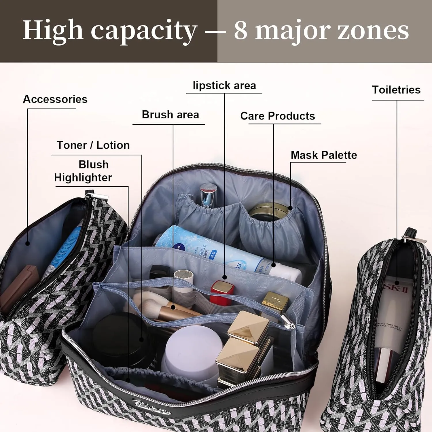 BOYATU Travel Makeup Bags for Women: Large Capacity Cosmetic Bag Set of 3 - Vegan Leather Make up Bags with Compartments - Wide Open Waterproof Toiletry Organizer Bag with Handle (A-04-Black)