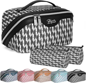 BOYATU Travel Makeup Bags for Women: Large Capacity Cosmetic Bag Set of 3 - Vegan Leather Make up Bags with Compartments - Wide Open Waterproof Toiletry Organizer Bag with Handle (A-04-Black)
