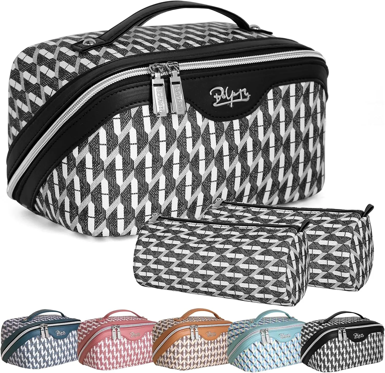 BOYATU Travel Makeup Bags for Women: Large Capacity Cosmetic Bag Set of 3 - Vegan Leather Make up Bags with Compartments - Wide Open Waterproof Toiletry Organizer Bag with Handle (A-04-Black)