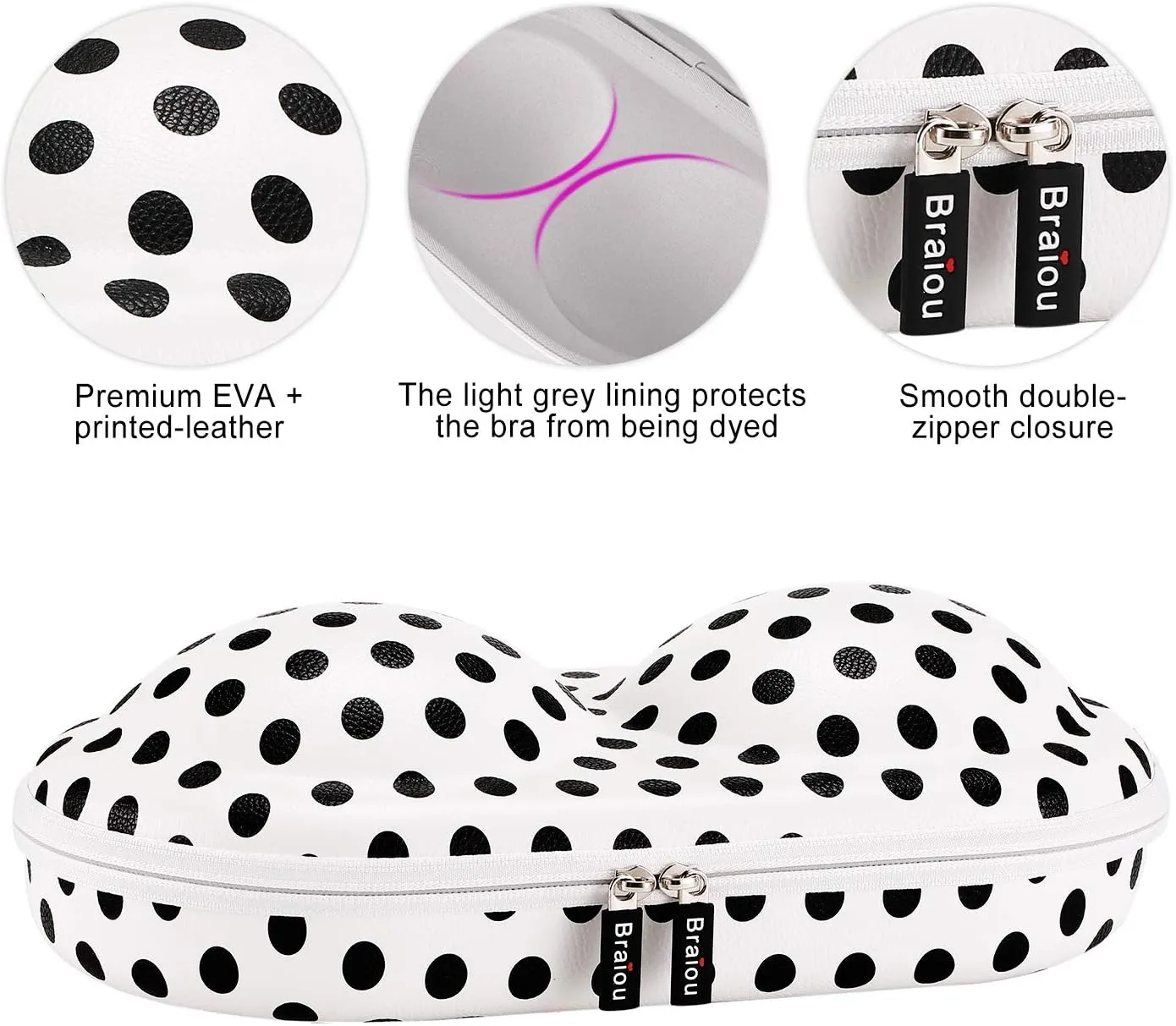 Bra Case Premium Lingerie Travel Bag Zip Underwear Organizer Bag for A-C Cup (Black Dot)
