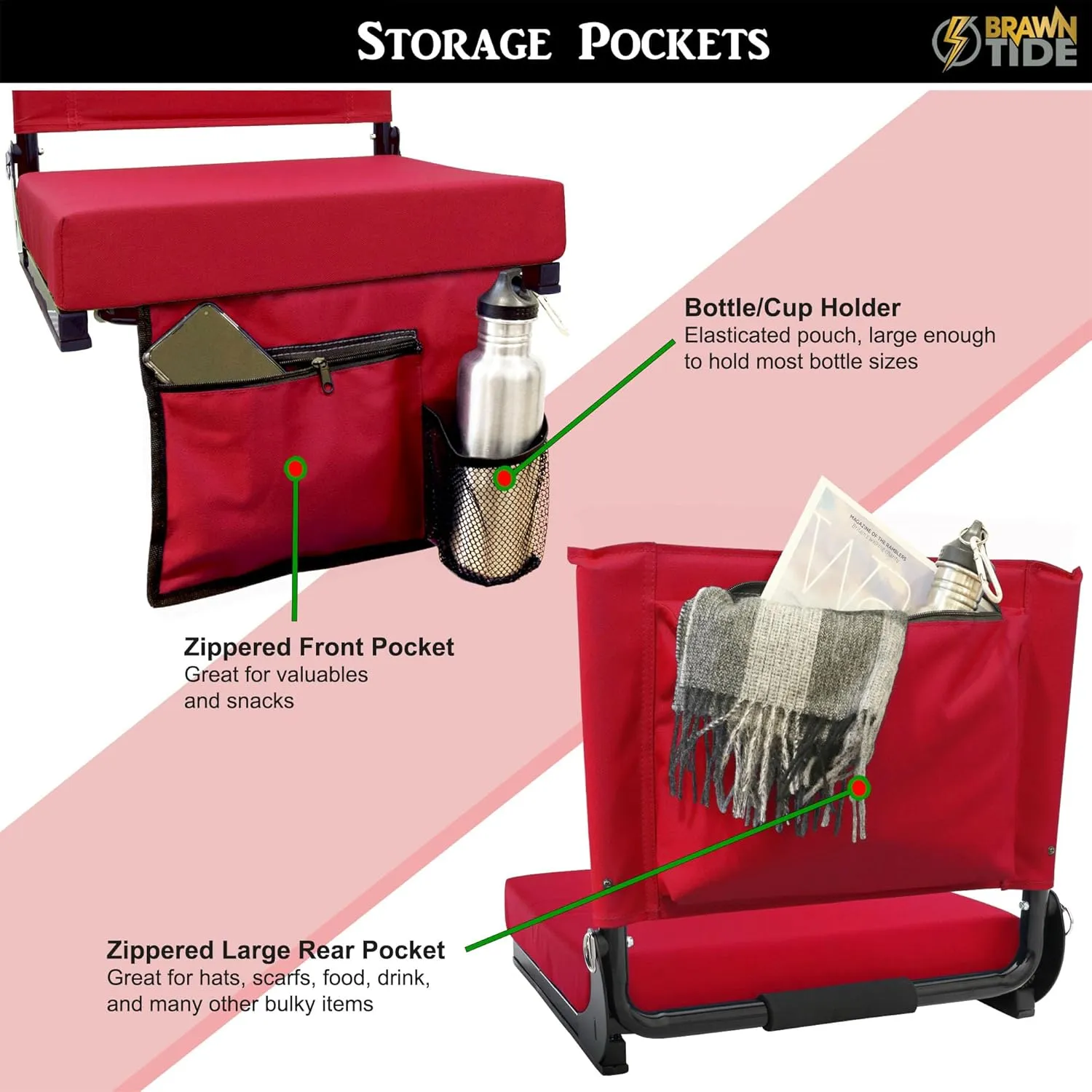 BRAWNTIDE Wide Stadium Seat - Extra Thick Cushion, Great Back Support, Lightweight Chair, Multiple Storage Pockets, Compact, Ideal for Sporting Events