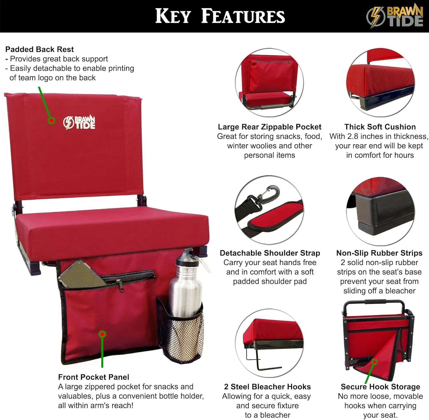 BRAWNTIDE Wide Stadium Seat - Extra Thick Cushion, Great Back Support, Lightweight Chair, Multiple Storage Pockets, Compact, Ideal for Sporting Events