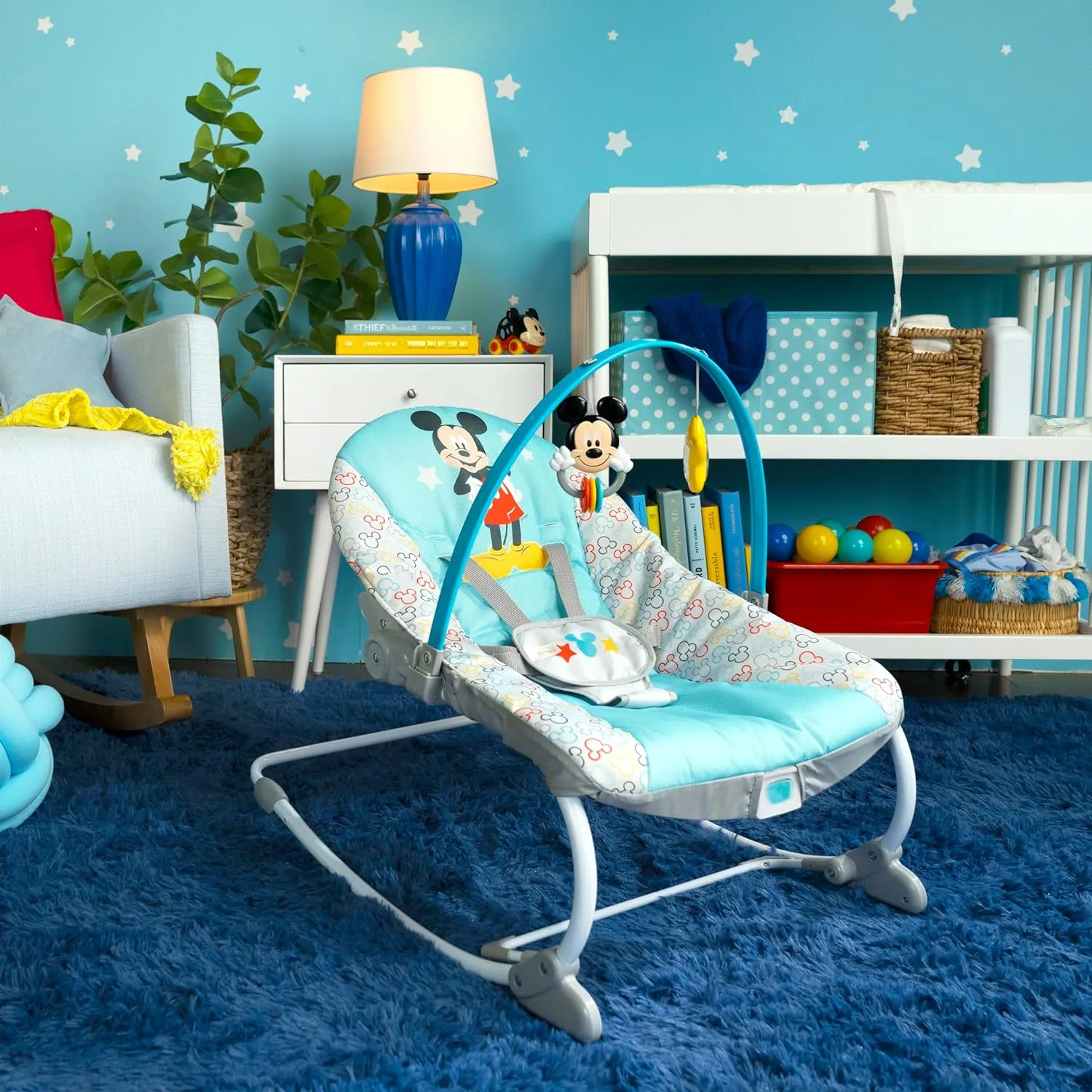 Bright Starts Disney Baby Mickey Mouse Infant to Toddler Rocker & Seat with Vibrations and Removable -Toy Bar, 0-30 Months Up to 40 lbs (Original Bestie)