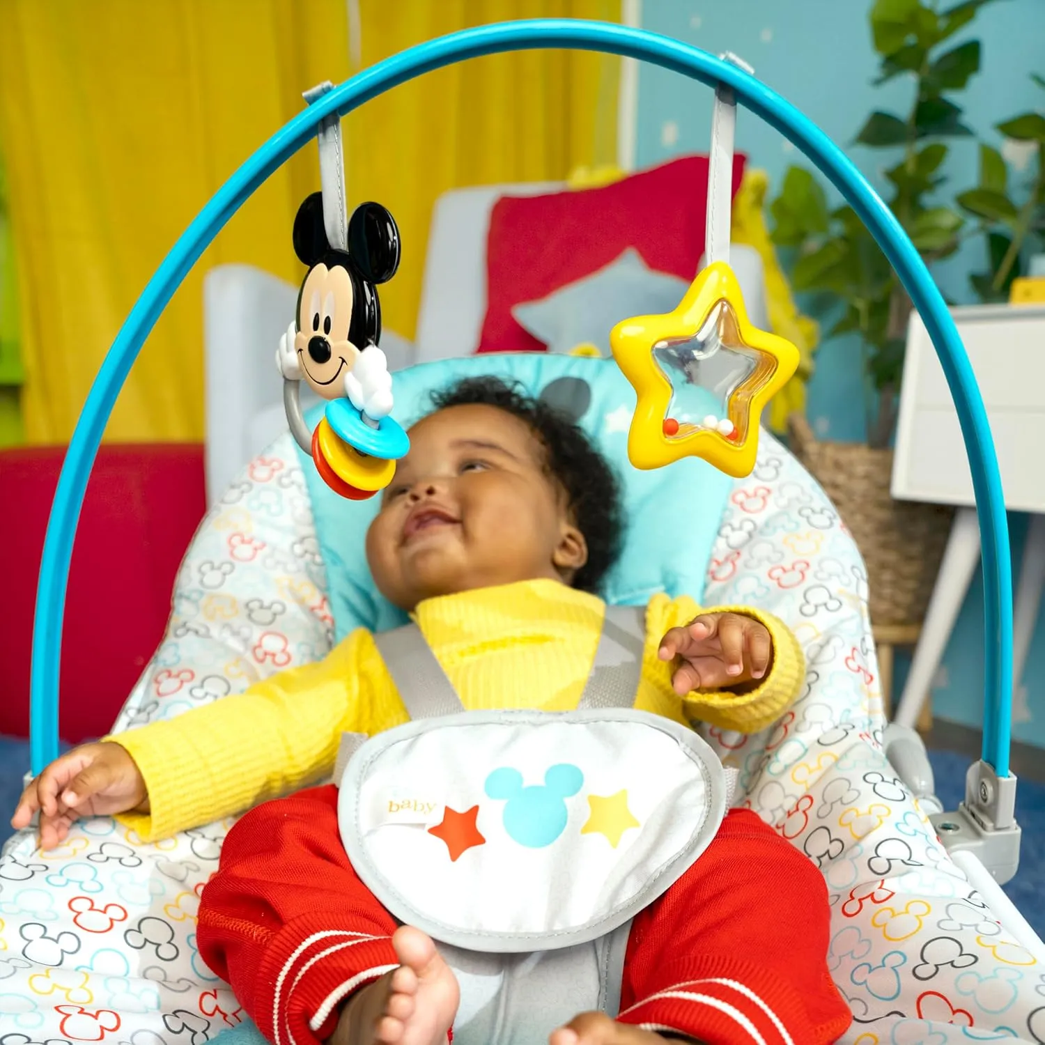 Bright Starts Disney Baby Mickey Mouse Infant to Toddler Rocker & Seat with Vibrations and Removable -Toy Bar, 0-30 Months Up to 40 lbs (Original Bestie)
