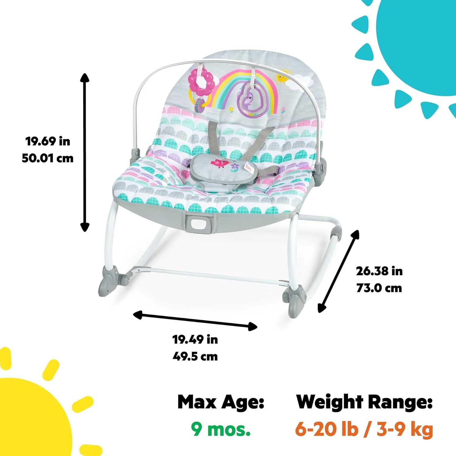 Bright Starts Rosy Rainbow Infant to Toddler Rocker with Vibrations, Baby Seat for Girl or Boy, Newborn  